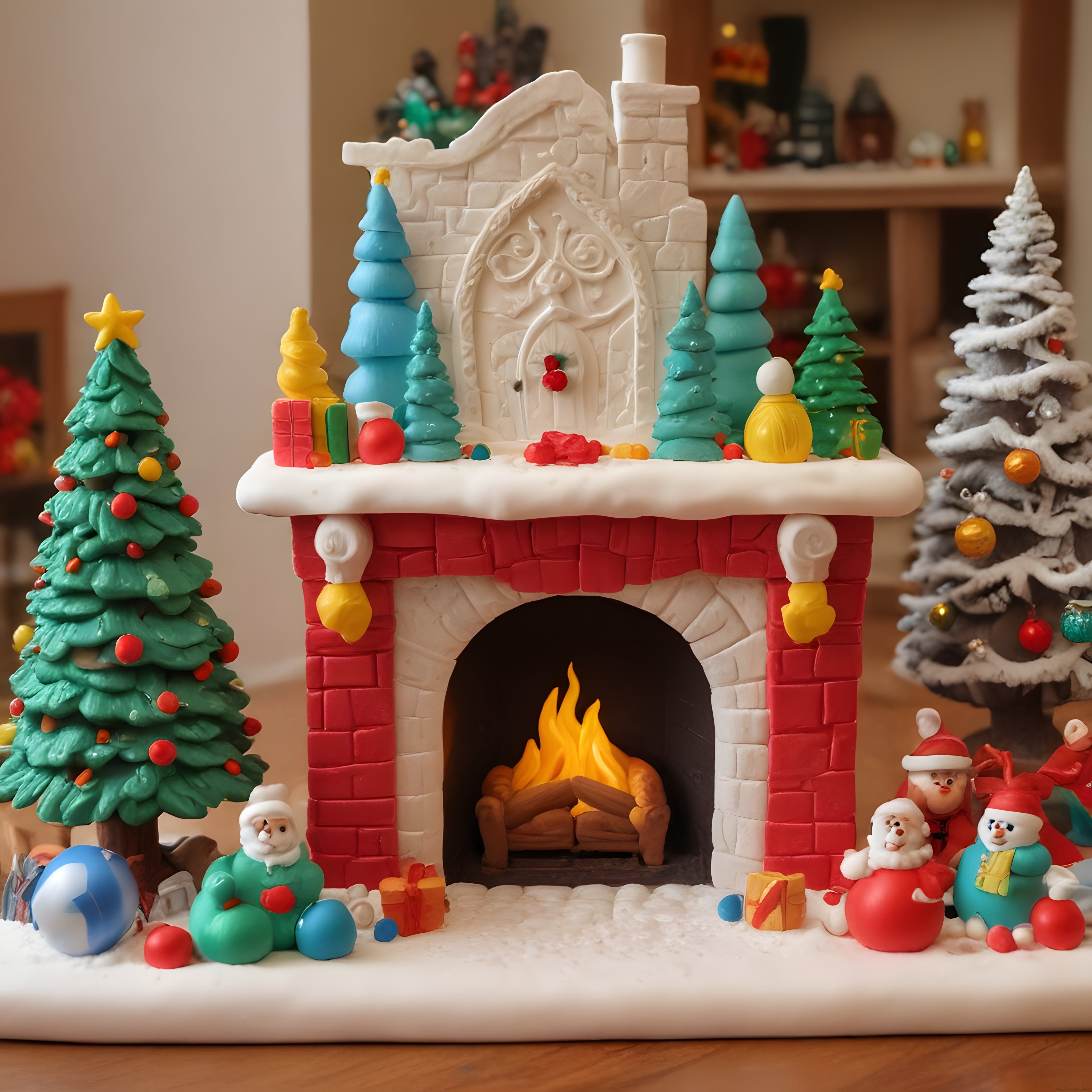 Renkli Polimer Kilden Yeni Yıl Şömine Dekoru ve Noel Figürleri