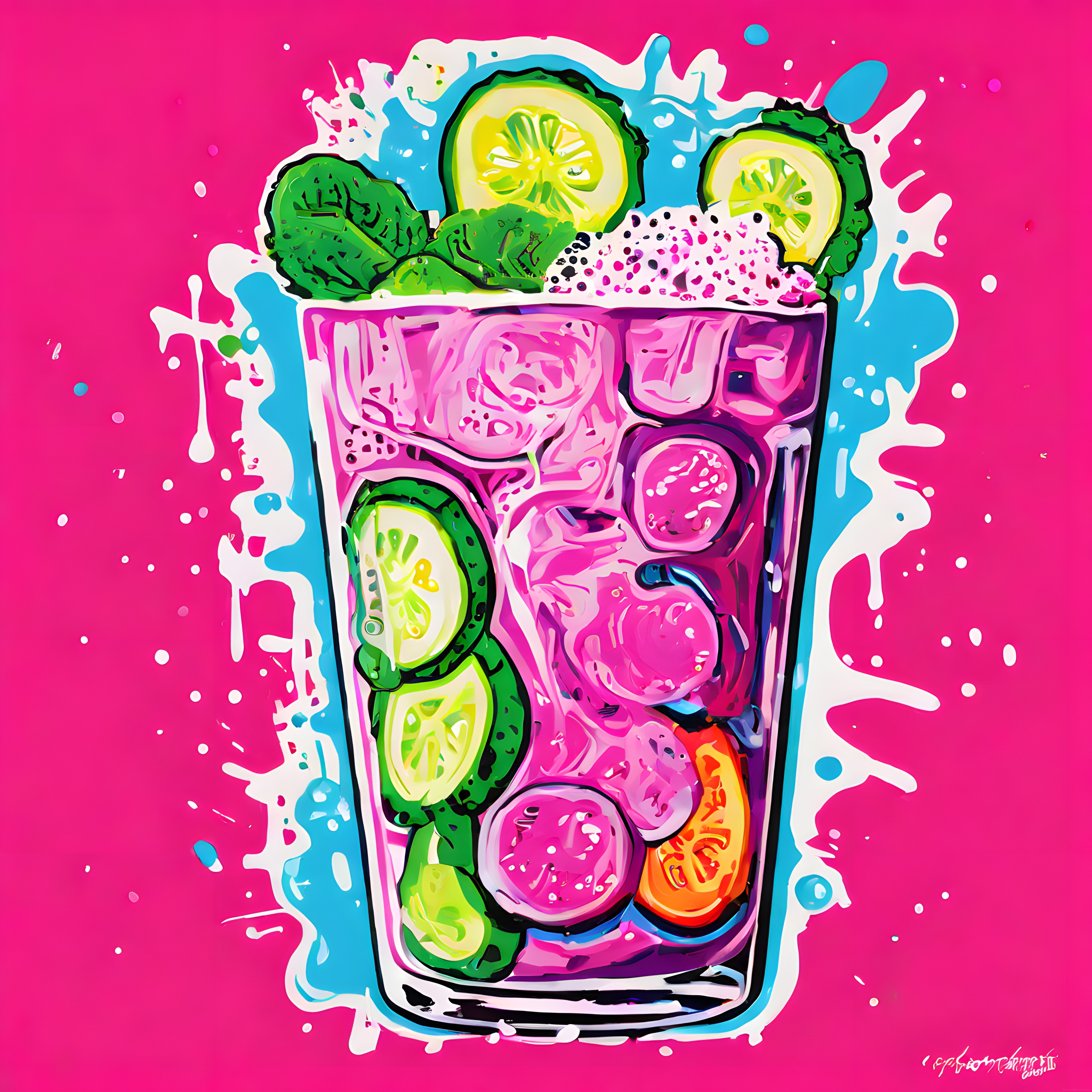 Renkli Pop Art Çiziminde Limonlu, Naneli ve Buzlu Serinletici Kokteyl