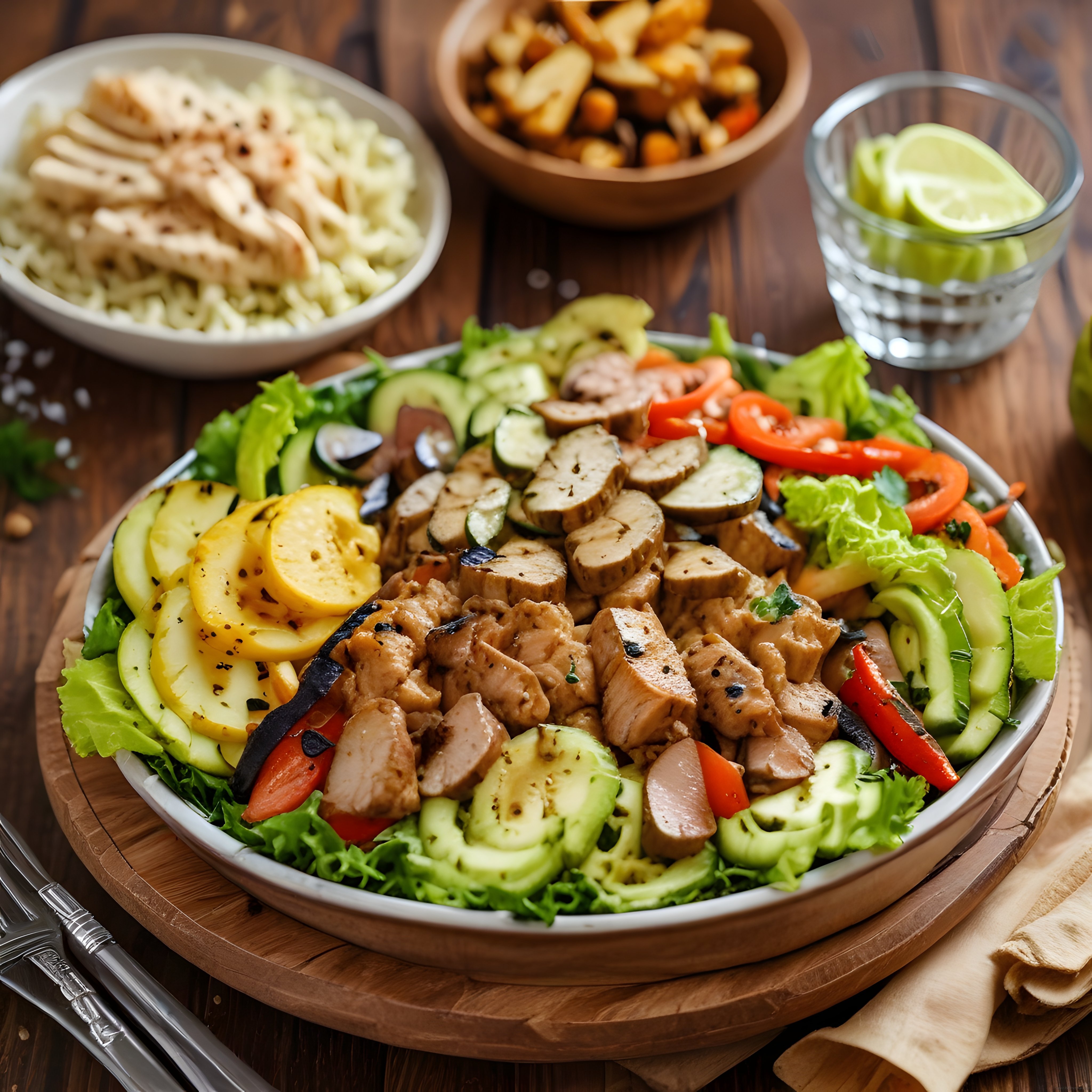 Renkli protein bowl tavuklu avokadolu besleyici salata kasesi