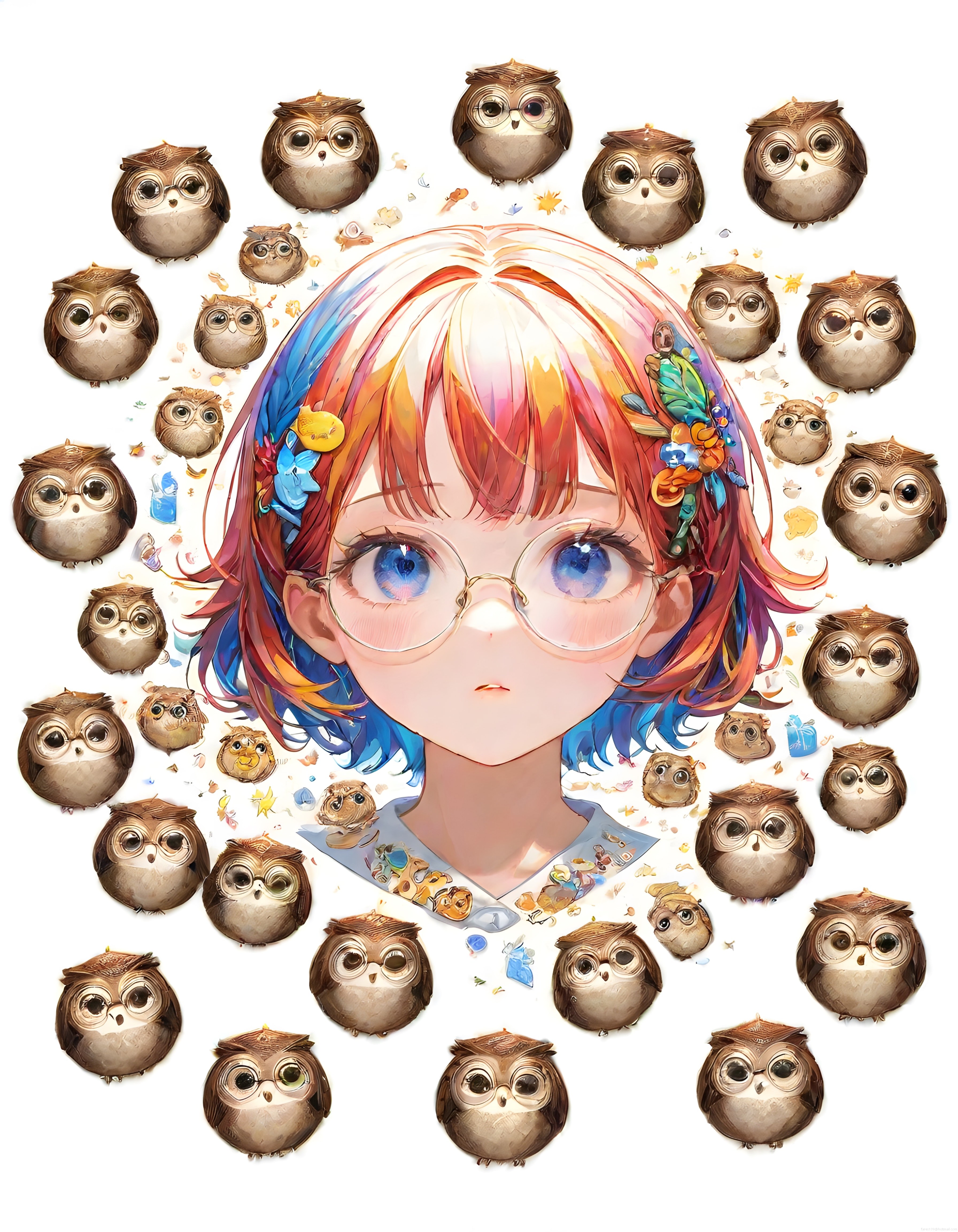 Renkli Saçlı Anime Kız ve Baykuşların Çevrelediği Büyüleyici Dijital İllüstrasyon