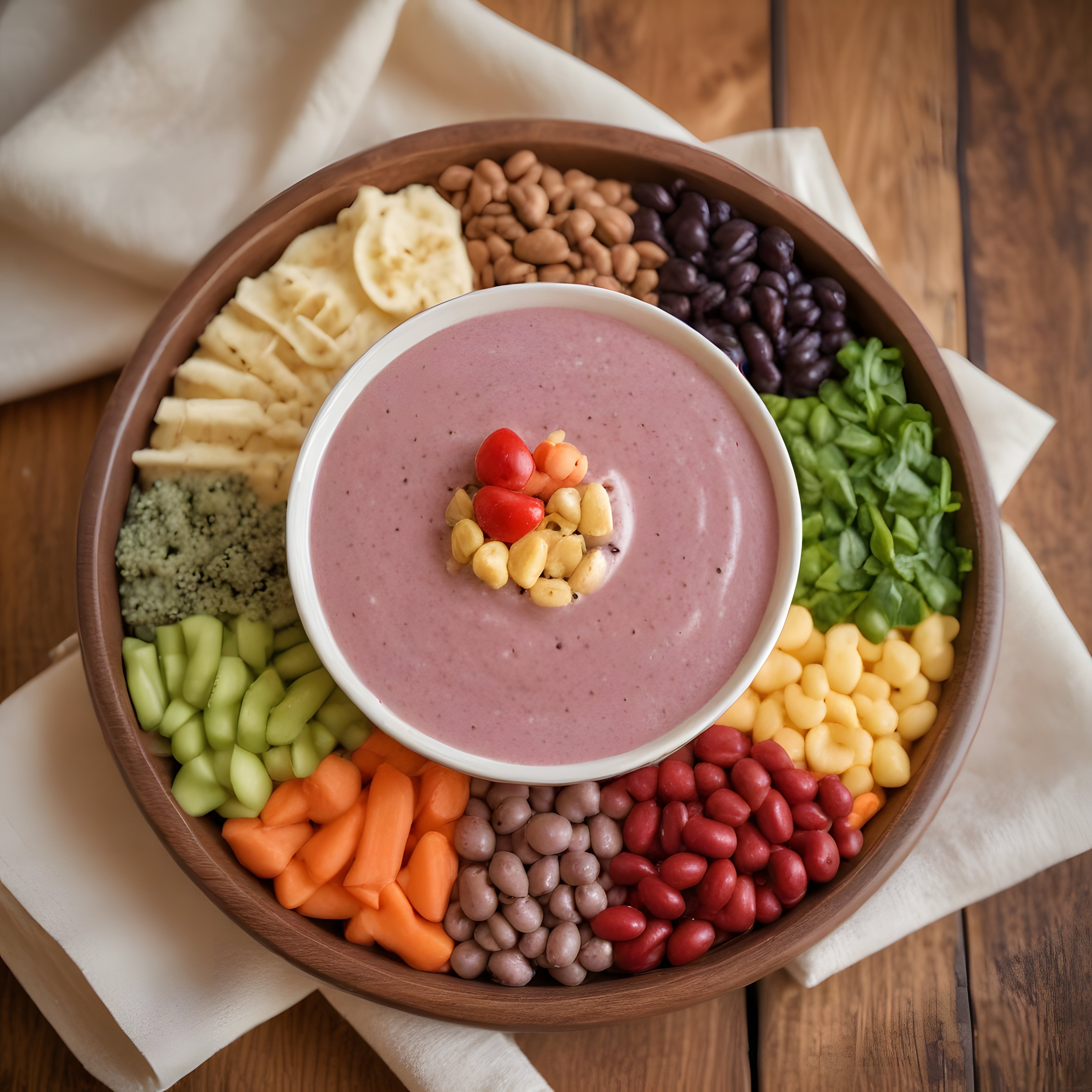 Renkli Sağlıklı Atıştırmalık Tabağı ve Mor Dip Sosu ile Vegan Sunum