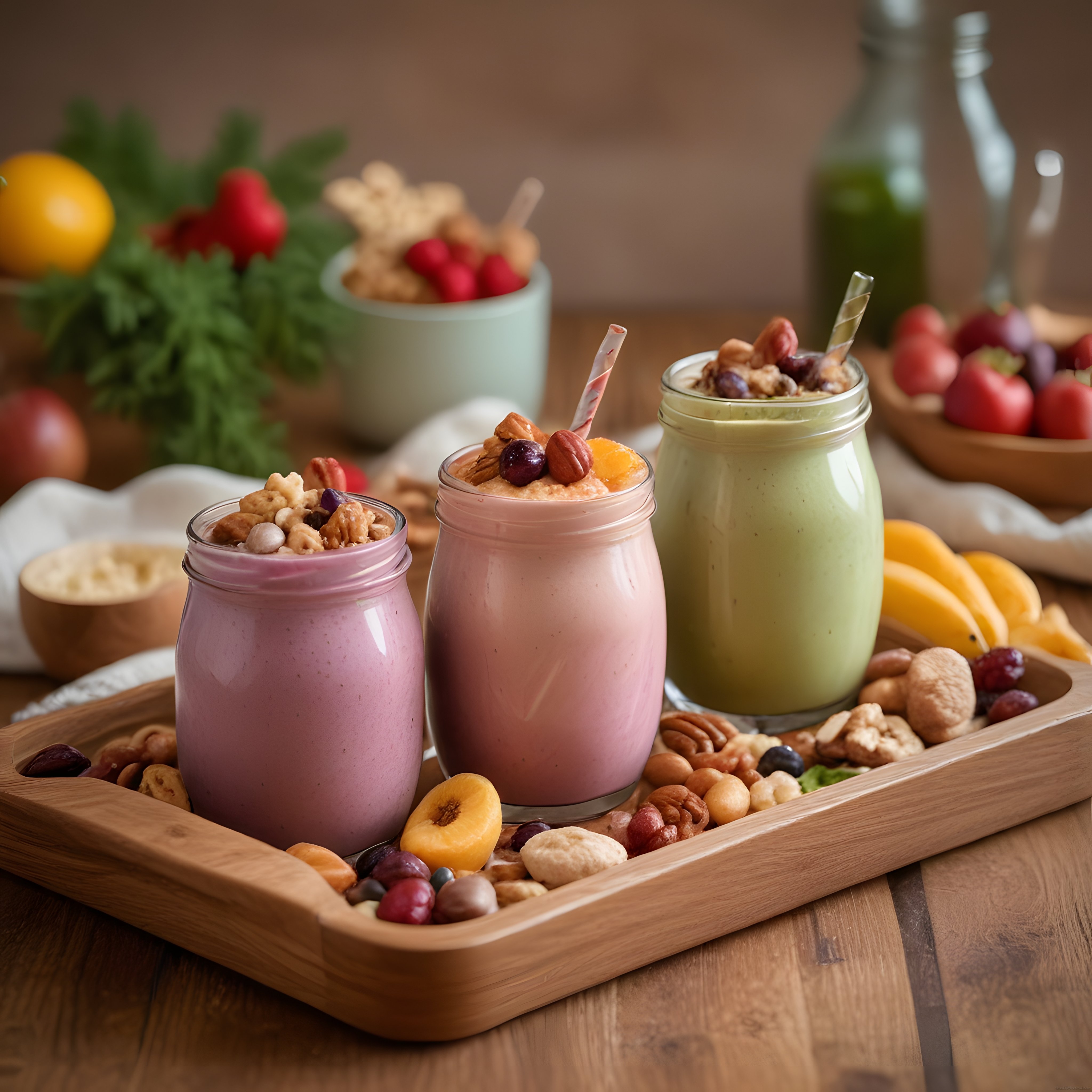 Renkli Sağlıklı Smoothie Kavanozları ve Kuruyemişli Kahvaltı Sunumu