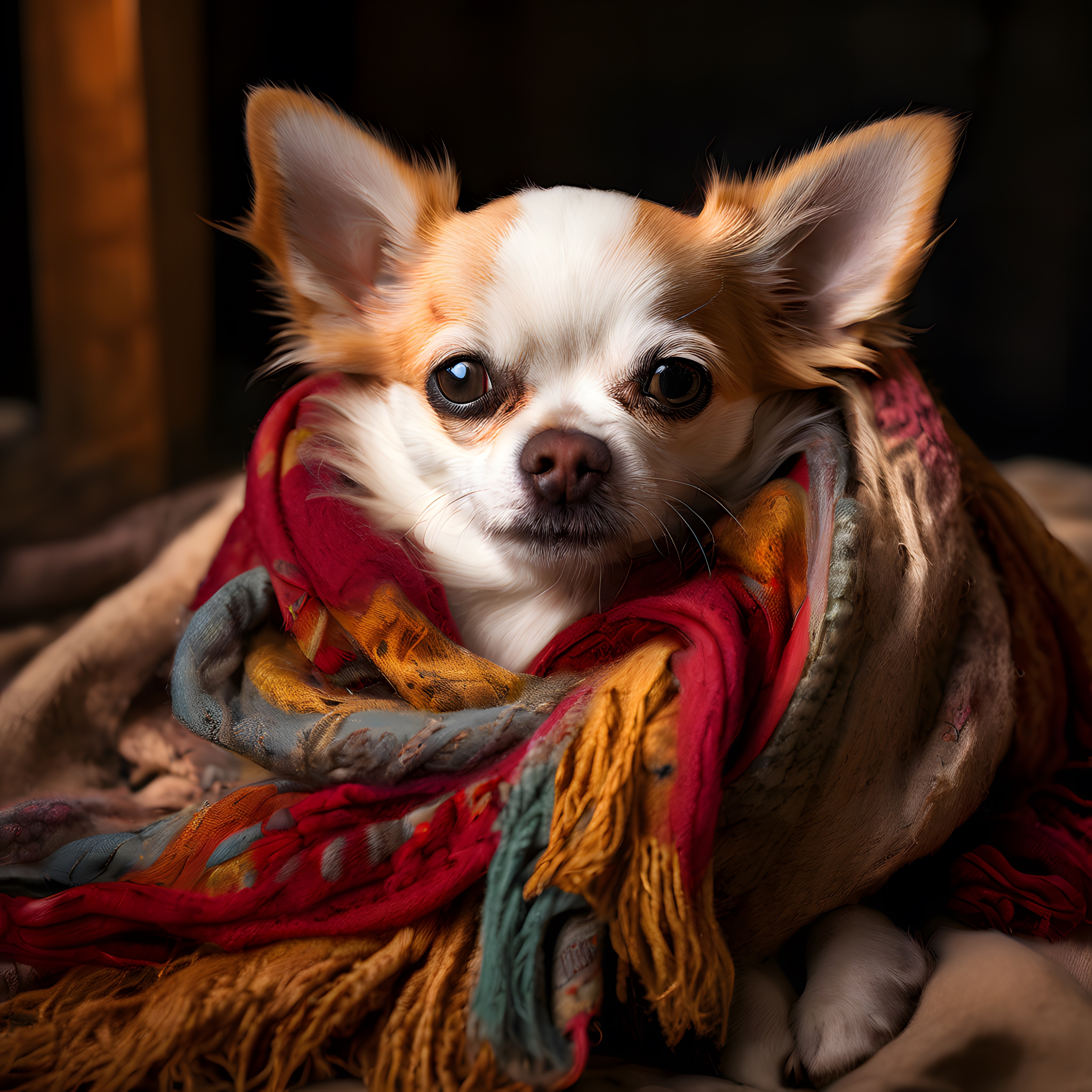 Renkli Şala Sarılı Chihuahua Köpeğinin Sıcacık ve Duygusal Portresi