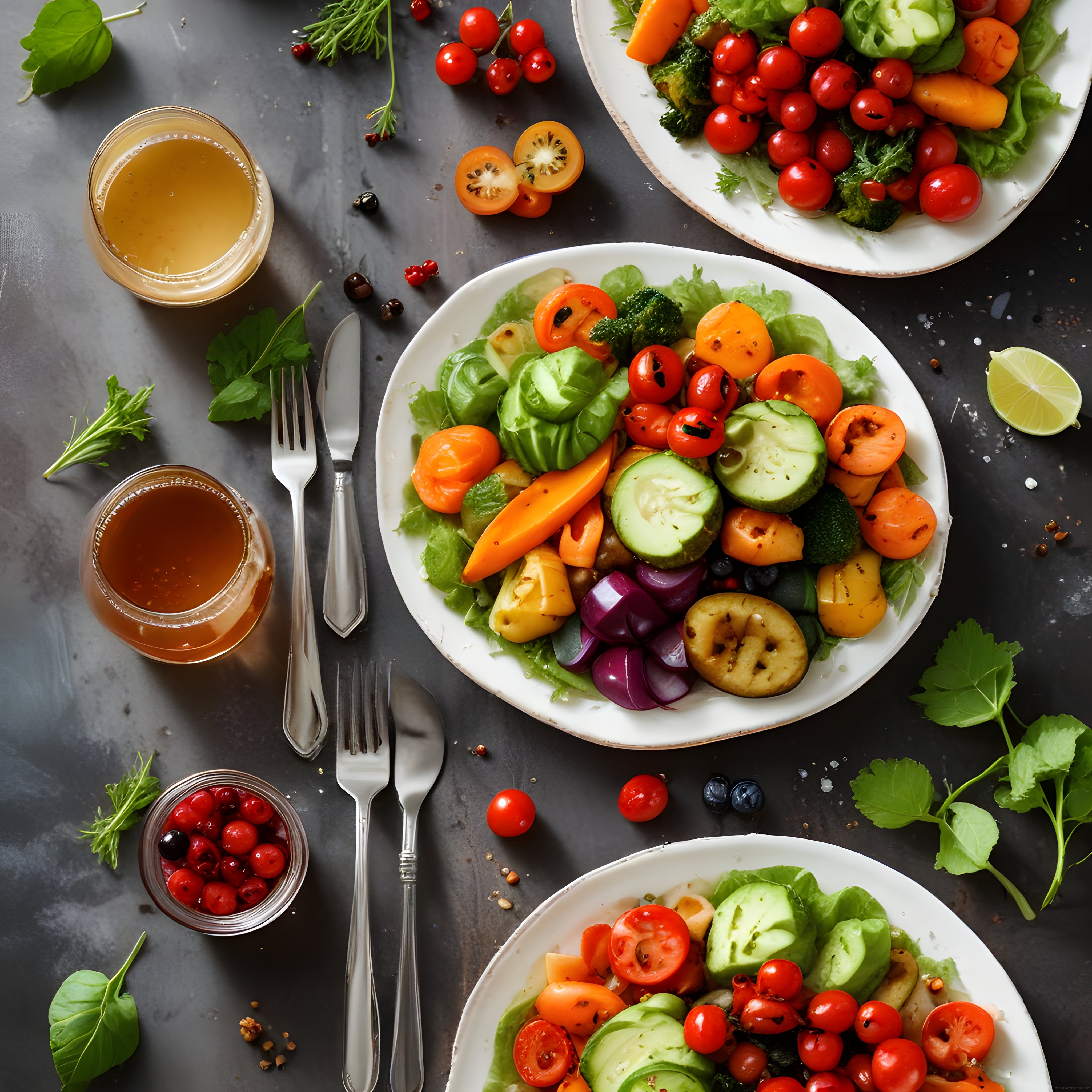 Renkli Sebze Salataları ve Taze Meyvelerle Hazırlanmış Sağlıklı Vegan Sofra Düzeni