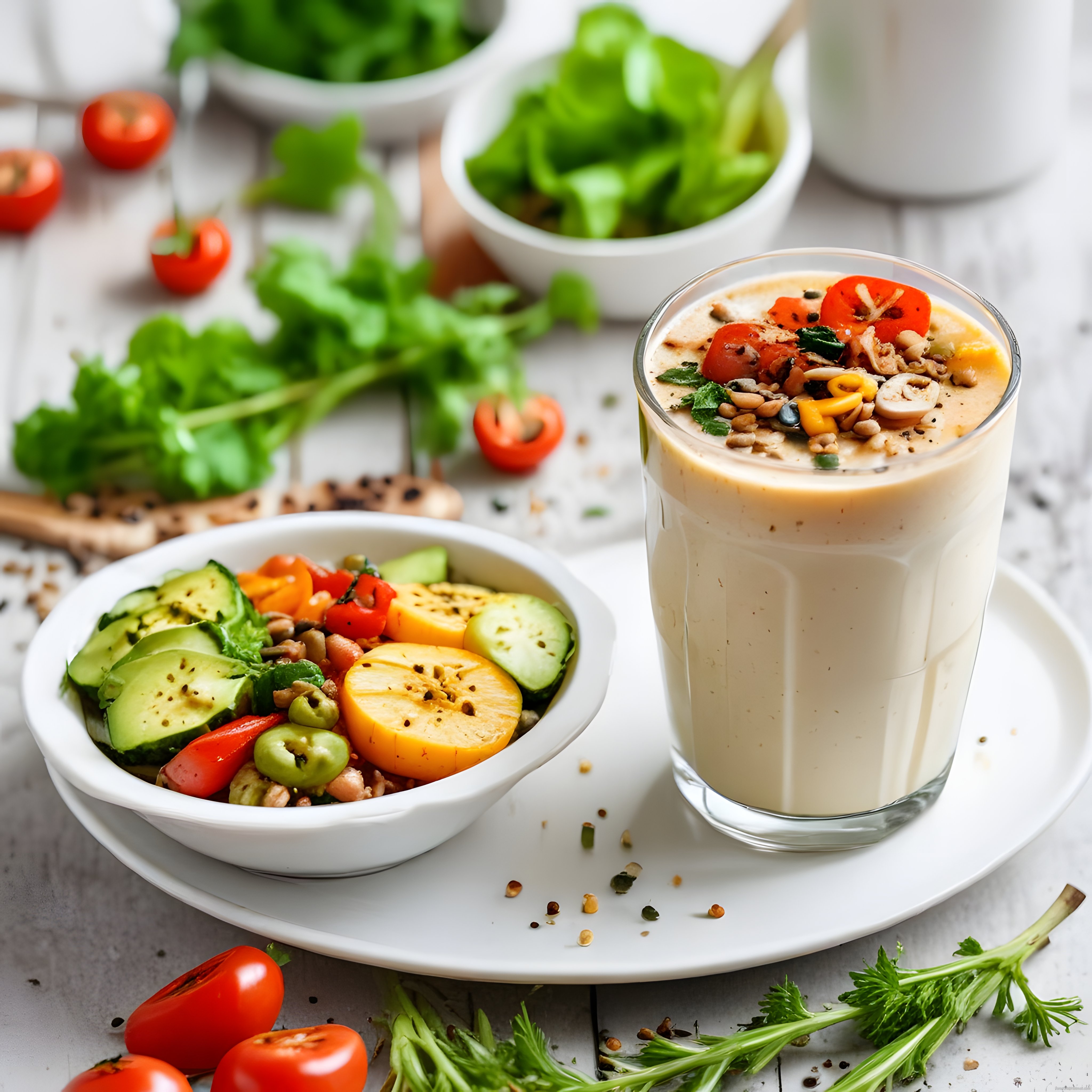 Renkli Sebze Salatası ve Smoothie ile Sağlıklı Beslenme Konsepti