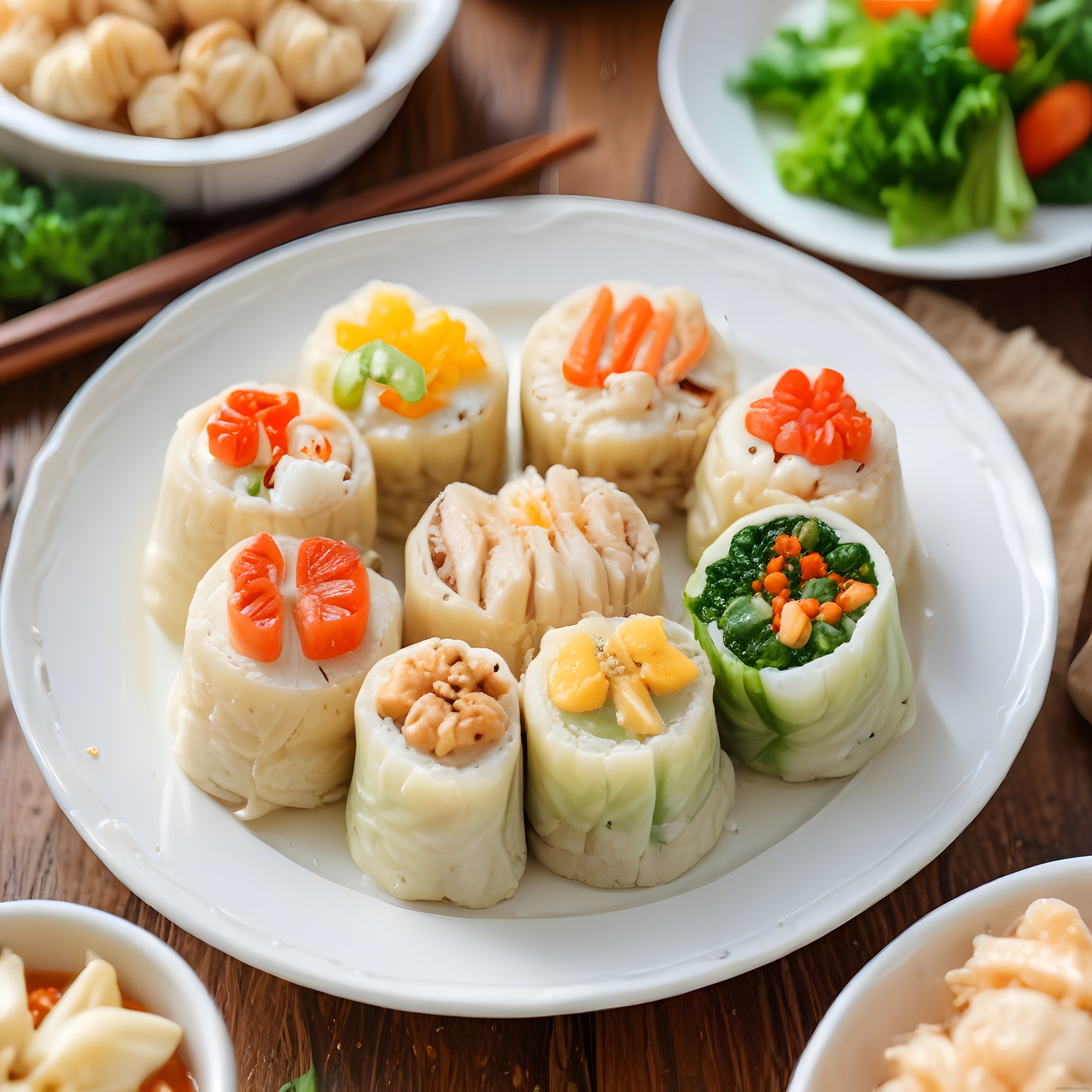 Renkli Sebze Süslemeli Çin Buhar Mantısı ve Dim Sum Sunumu