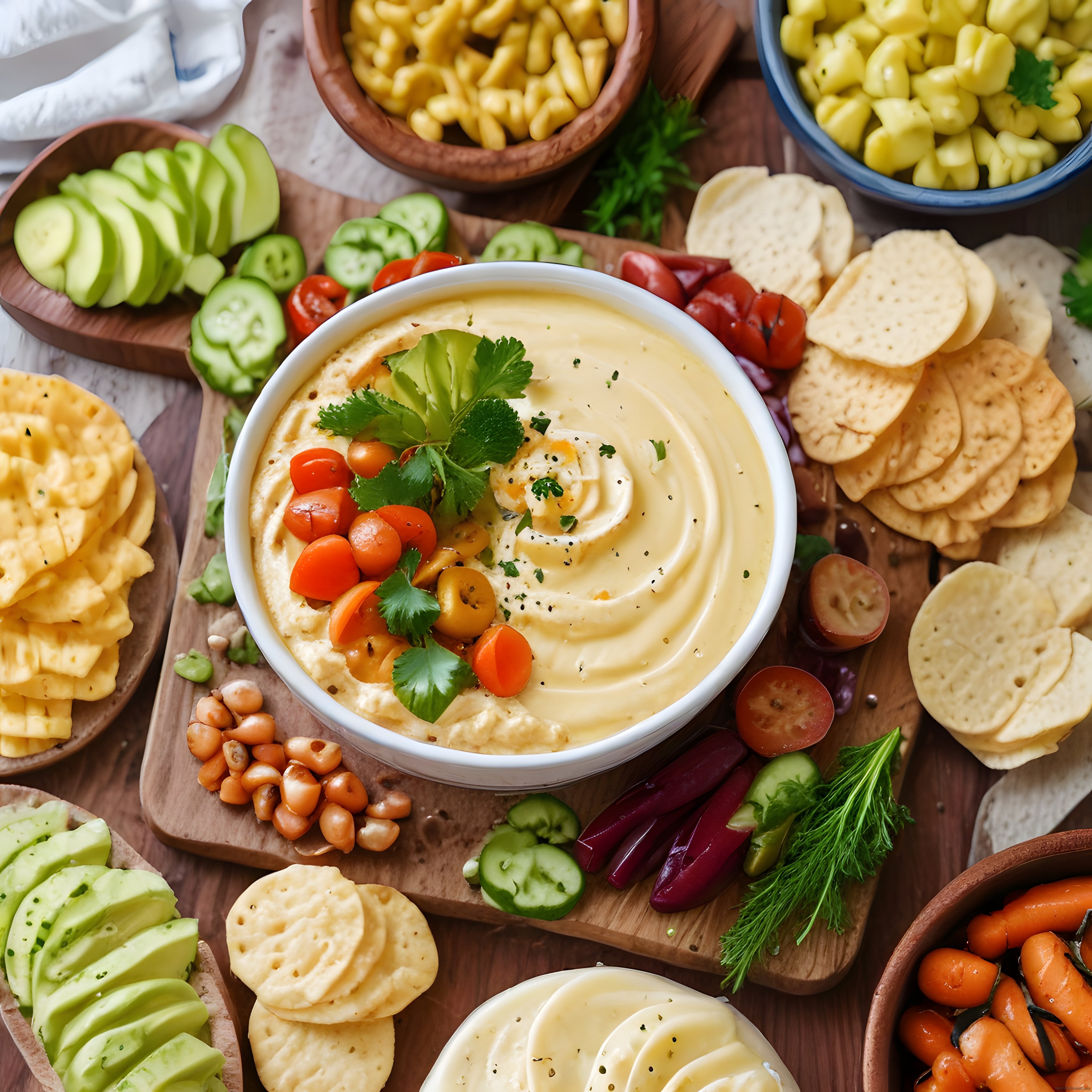 Renkli Sebze ve Humus Sunum Tahtası: Sağlıklı ve Lezzetli Meze Tabağı