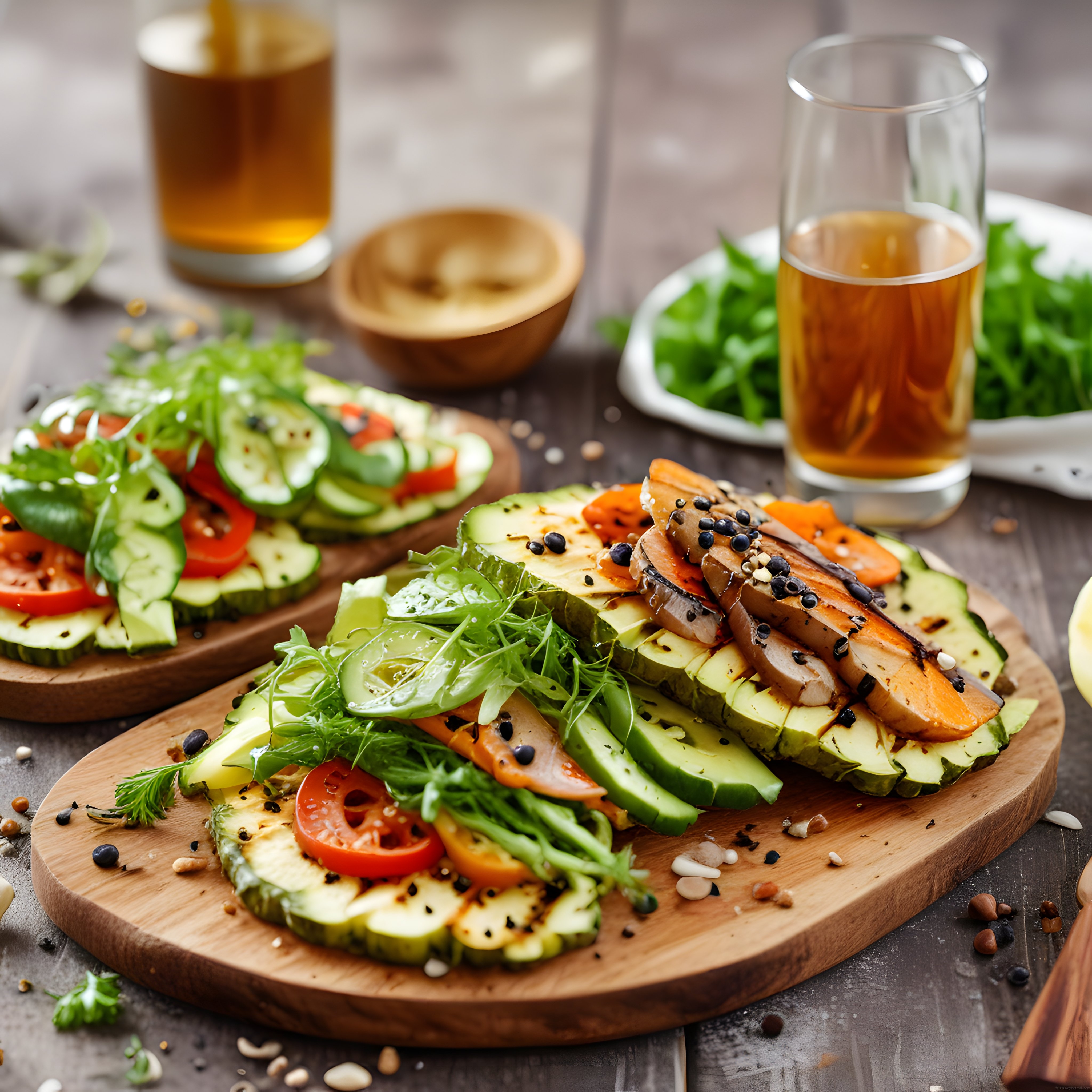 Renkli Sebze ve Yeşilliklerle Süslenmiş Vegan Açık Tost Sunumu