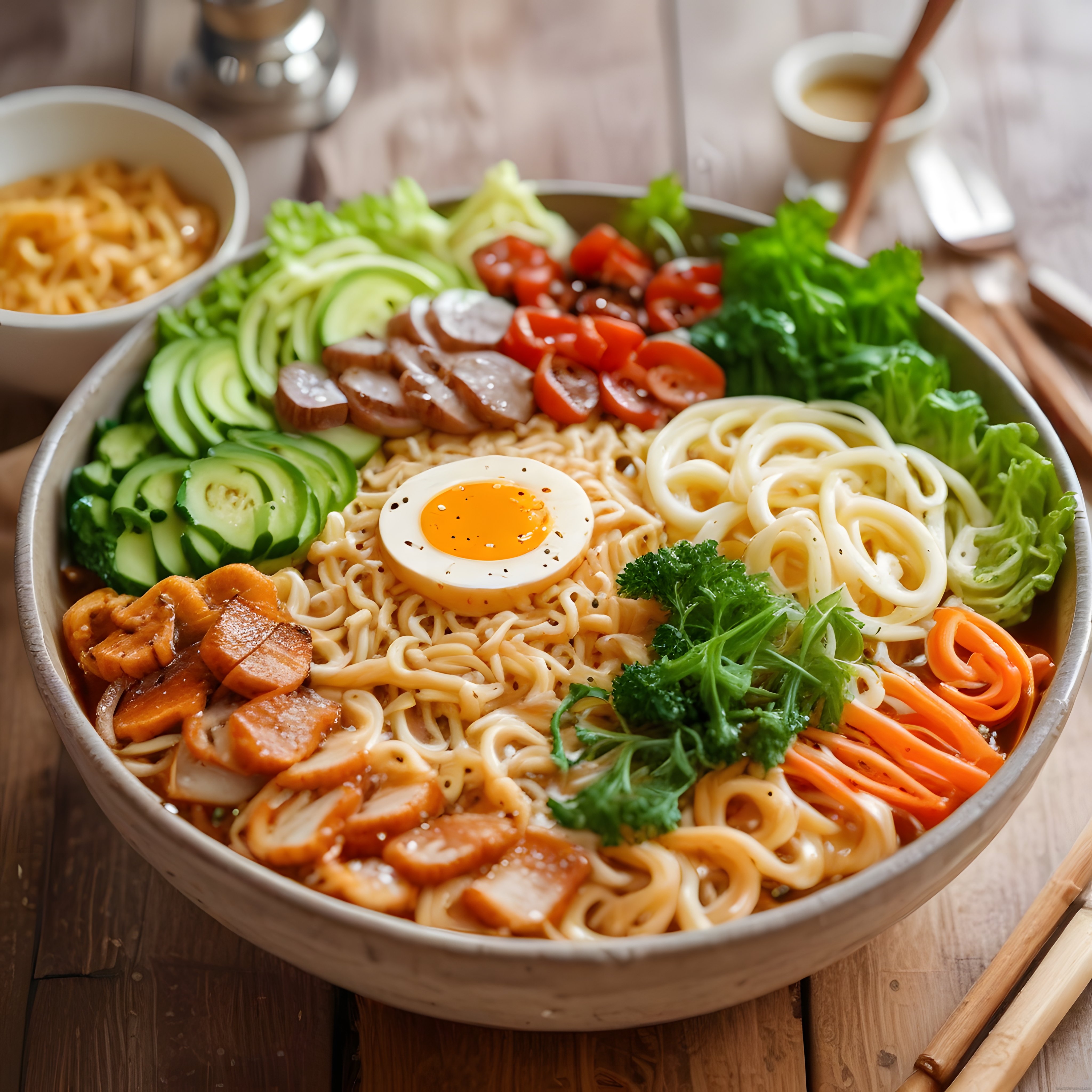 Renkli Sebze ve Yumurtalı Noodle Kasesi ile Lezzetli Asya Mutfağı Sunumu