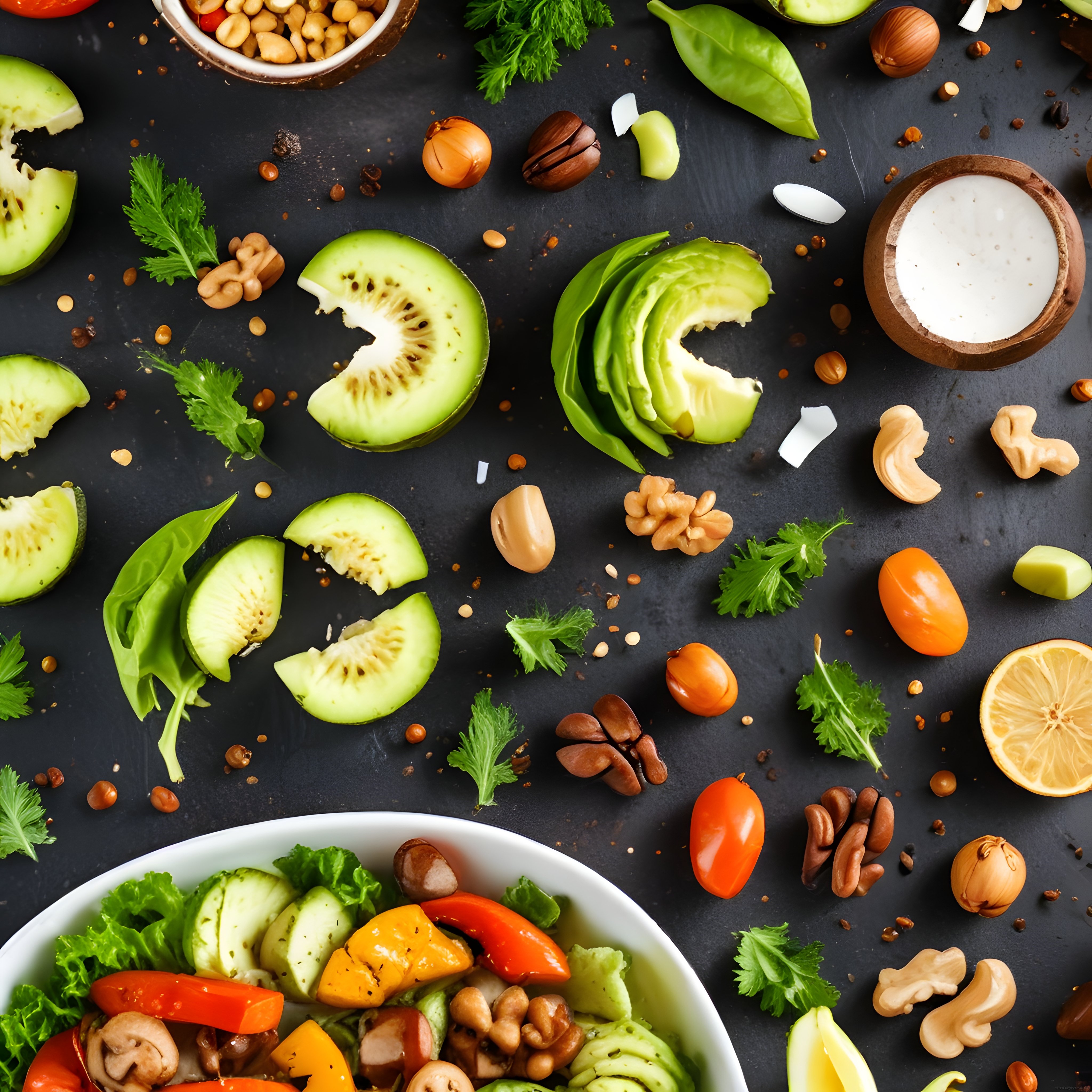 Renkli Sebzeler, Kuruyemişler ve Doğal Sos ile Flat Lay Salata Sunumu