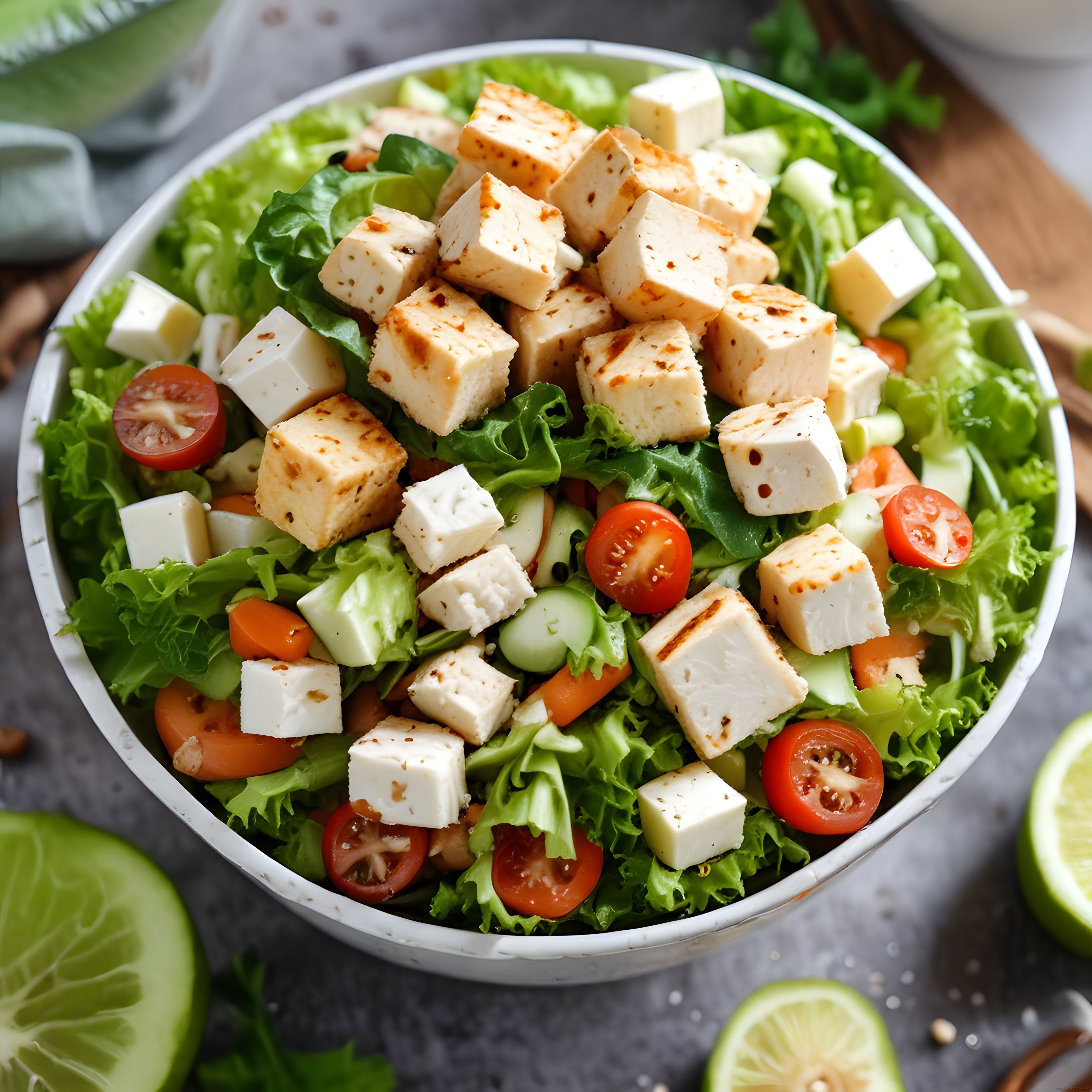 Renkli Sebzeler ve Baharatlı Peynirli Besleyici Yeşil Salata Kasesi