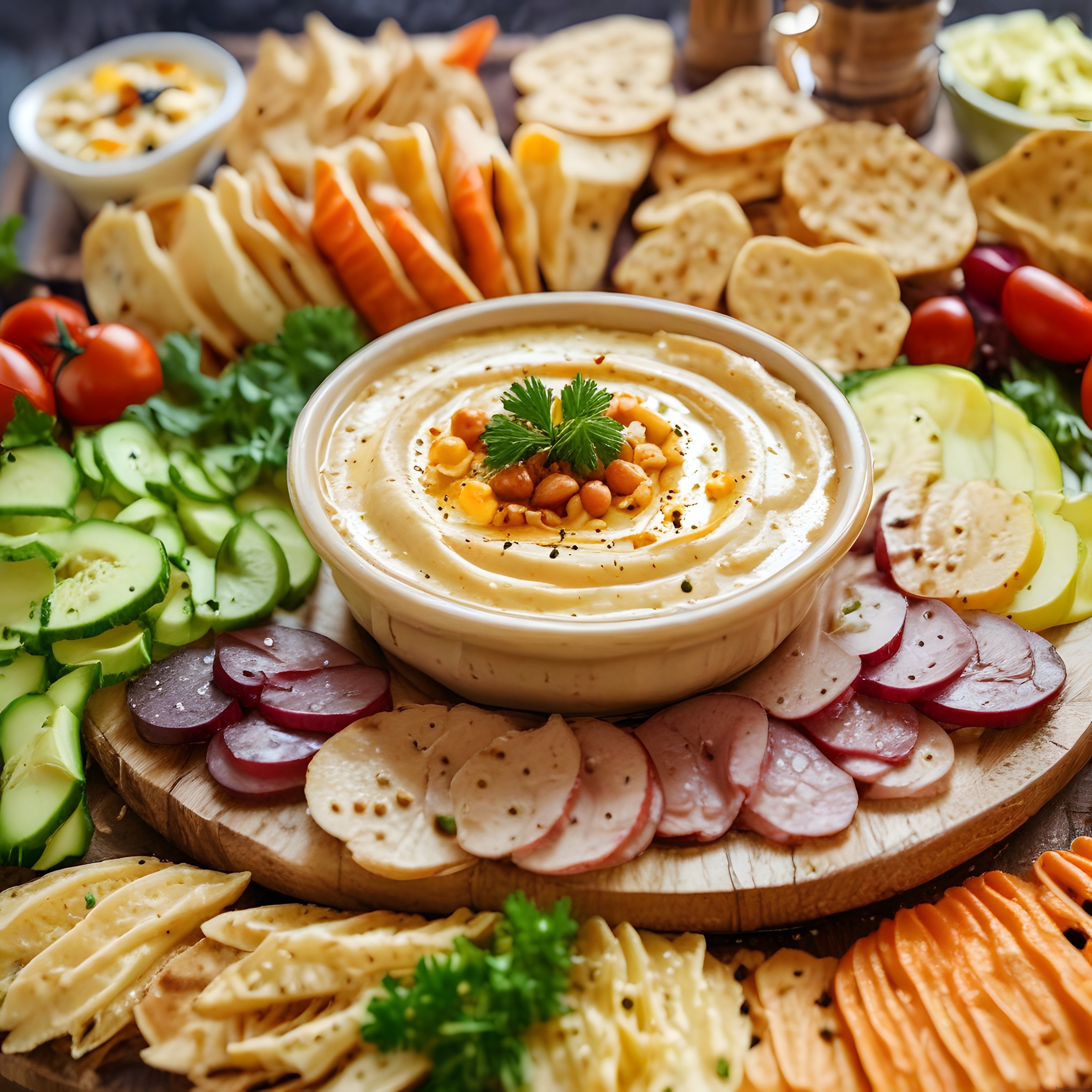 Renkli Sebzeler ve Çıtır Ekmeklerle Süslenmiş Leziz Humus Sunum Tabağı