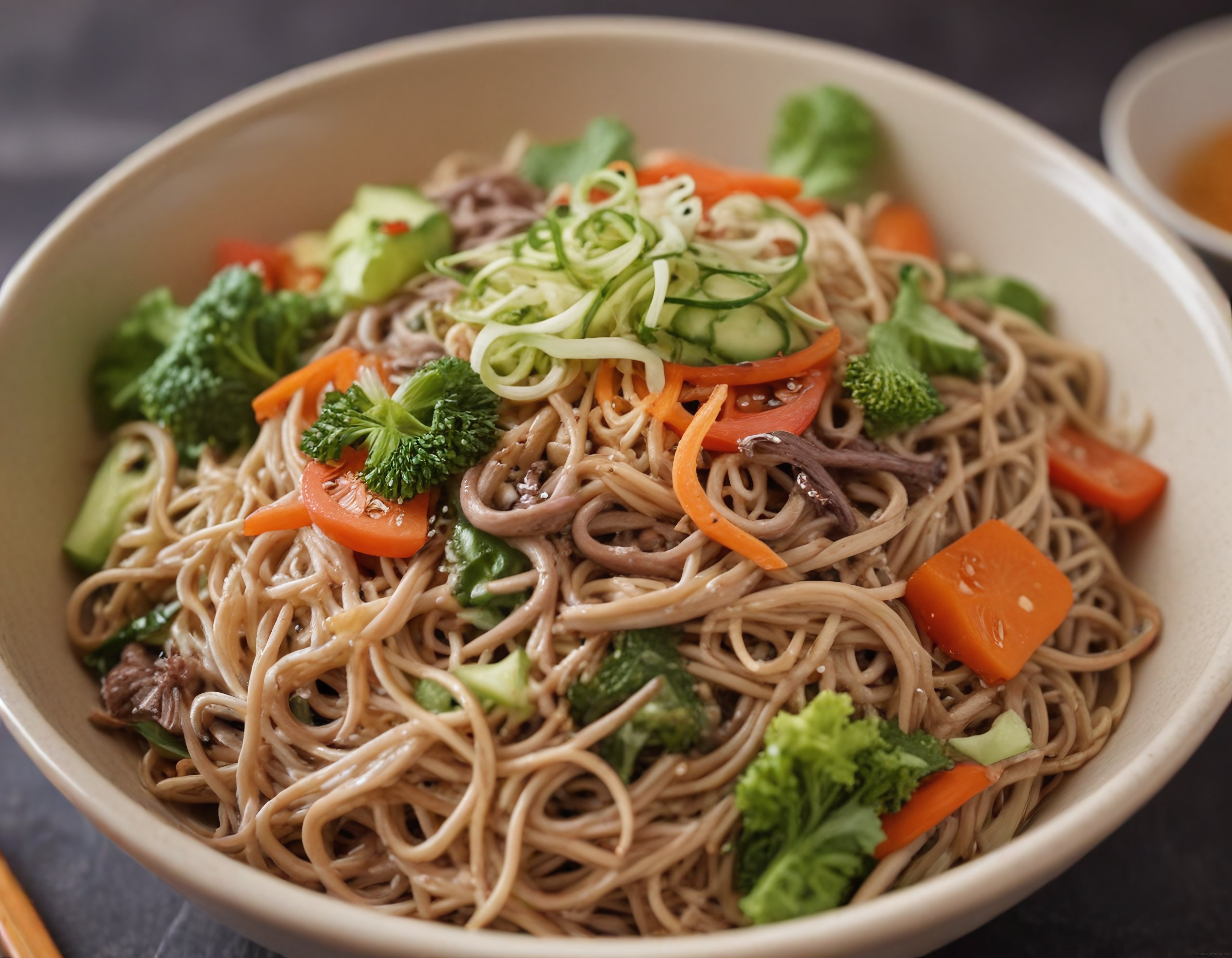 Renkli Sebzeler ve Et Parçalarıyla Süslenmiş Sıcak Noodle Kasesi Yemeği