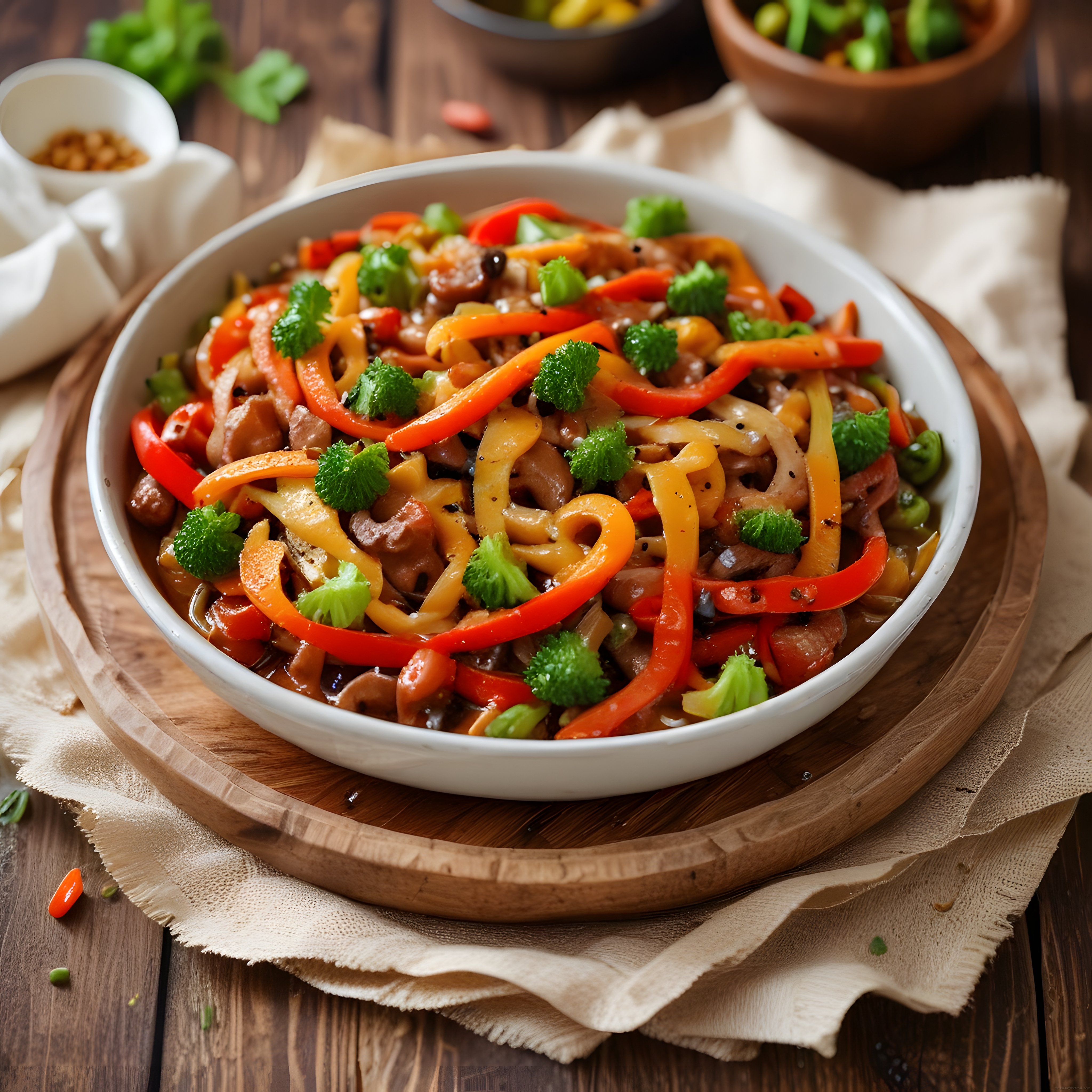Renkli Sebzeler ve Etli Noodle ile Geleneksel Asya Usulü Makarna Sunumu