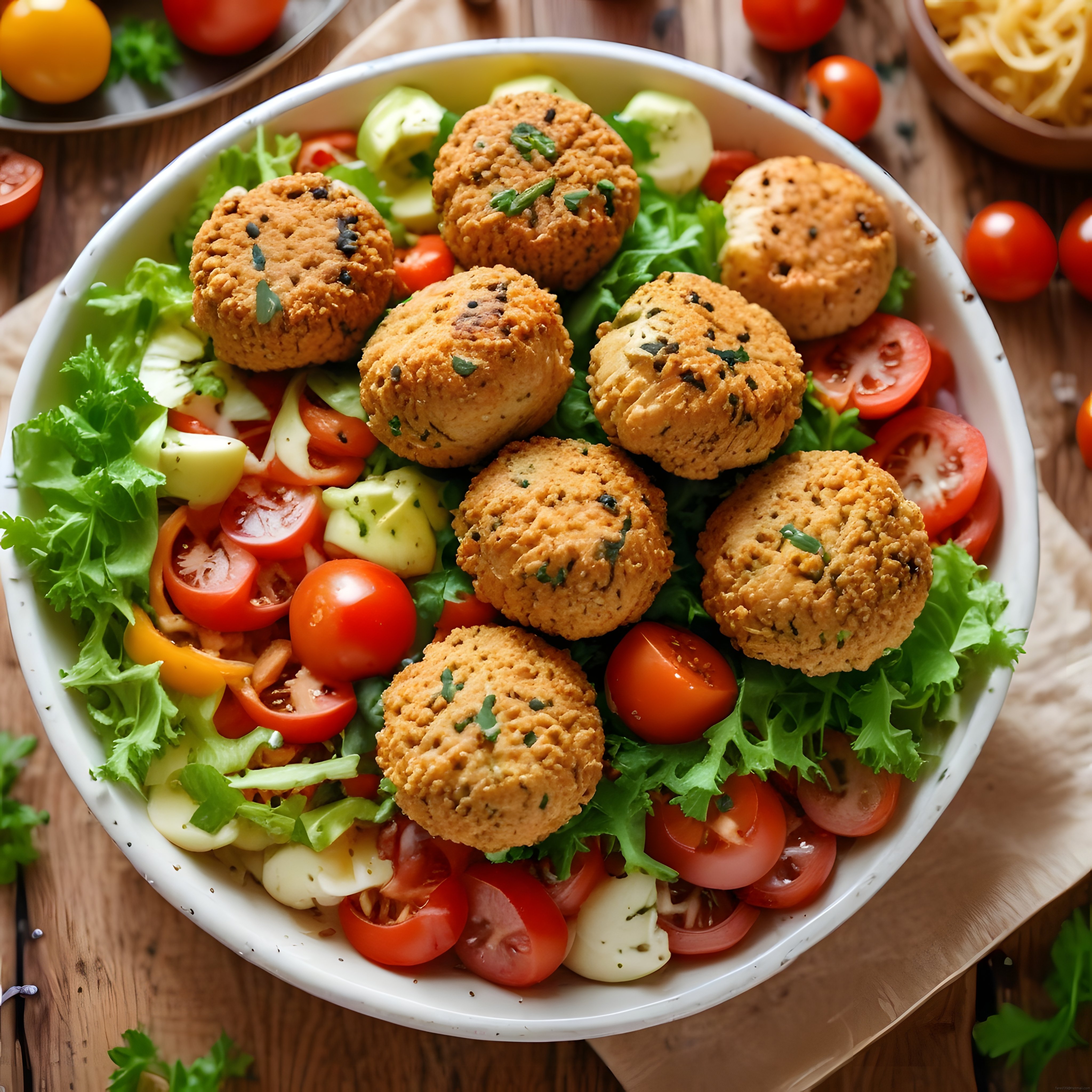 renkli sebzeler ve gevrek falafellerle dolu sağlıklı beslenme kasesi