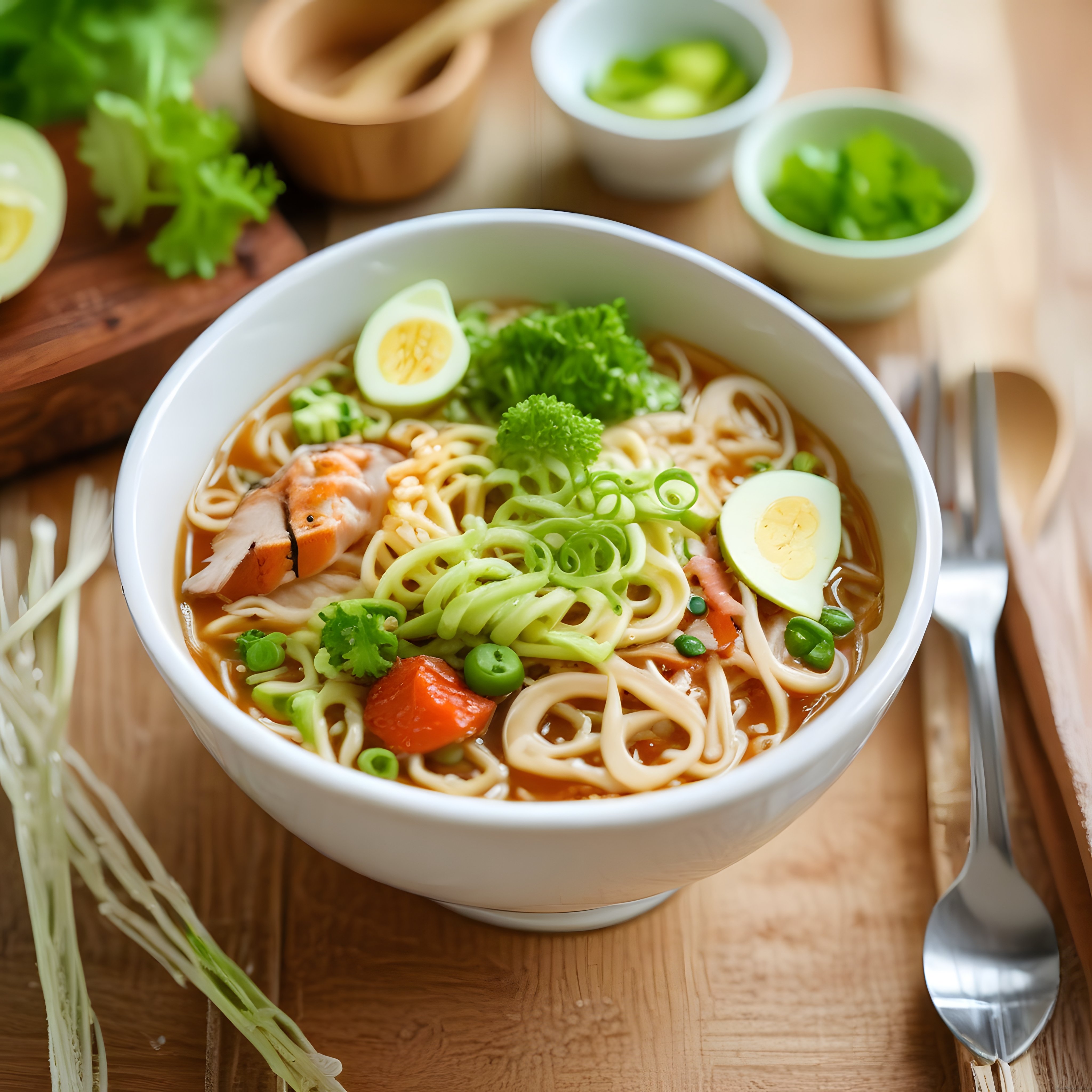 Renkli Sebzeler ve Haşlanmış Yumurta ile Süslenmiş Sıcak Ramen Kasesi