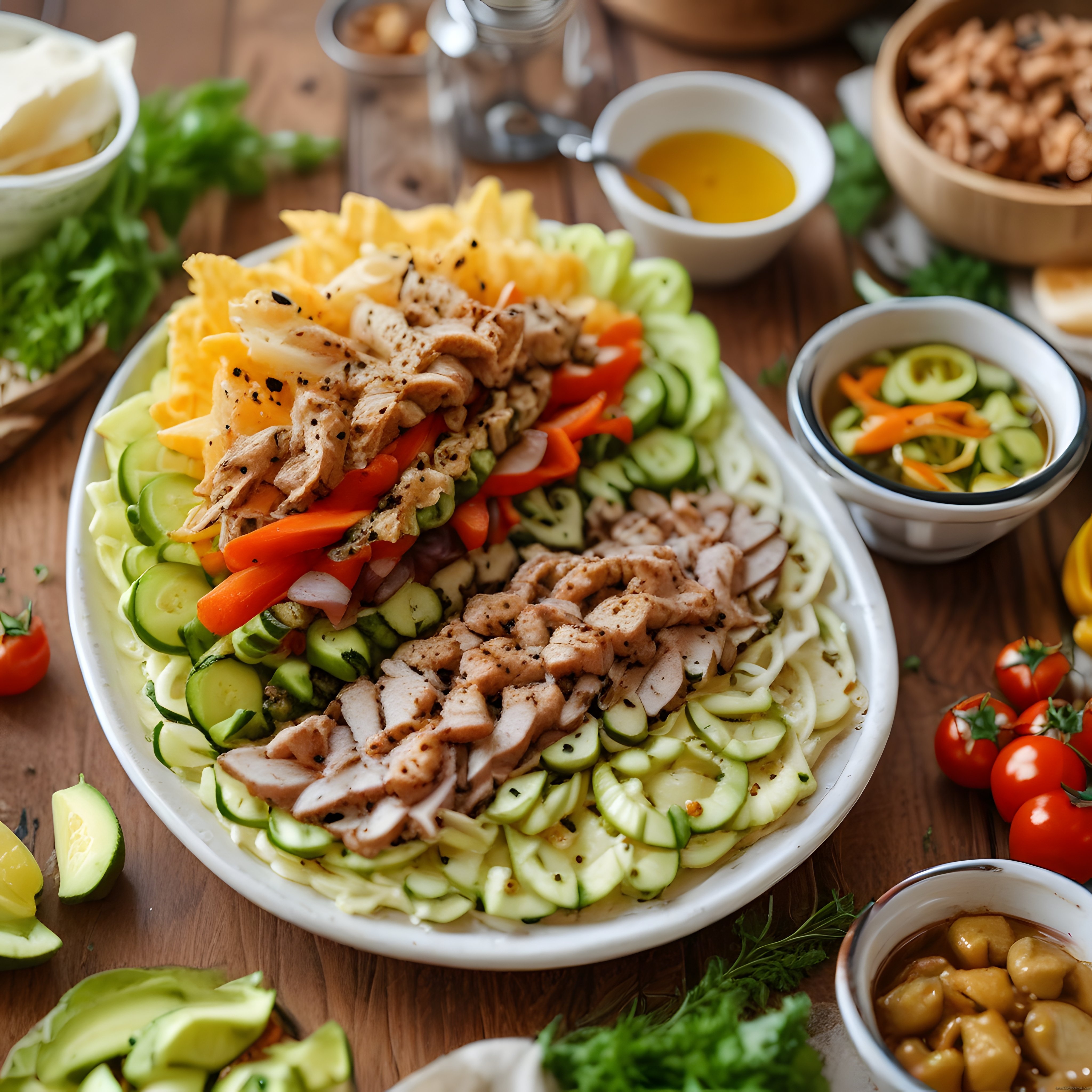 Renkli Sebzeler ve Izgara Tavukla Hazırlanan Sağlıklı ve Besleyici Salata Tabağı