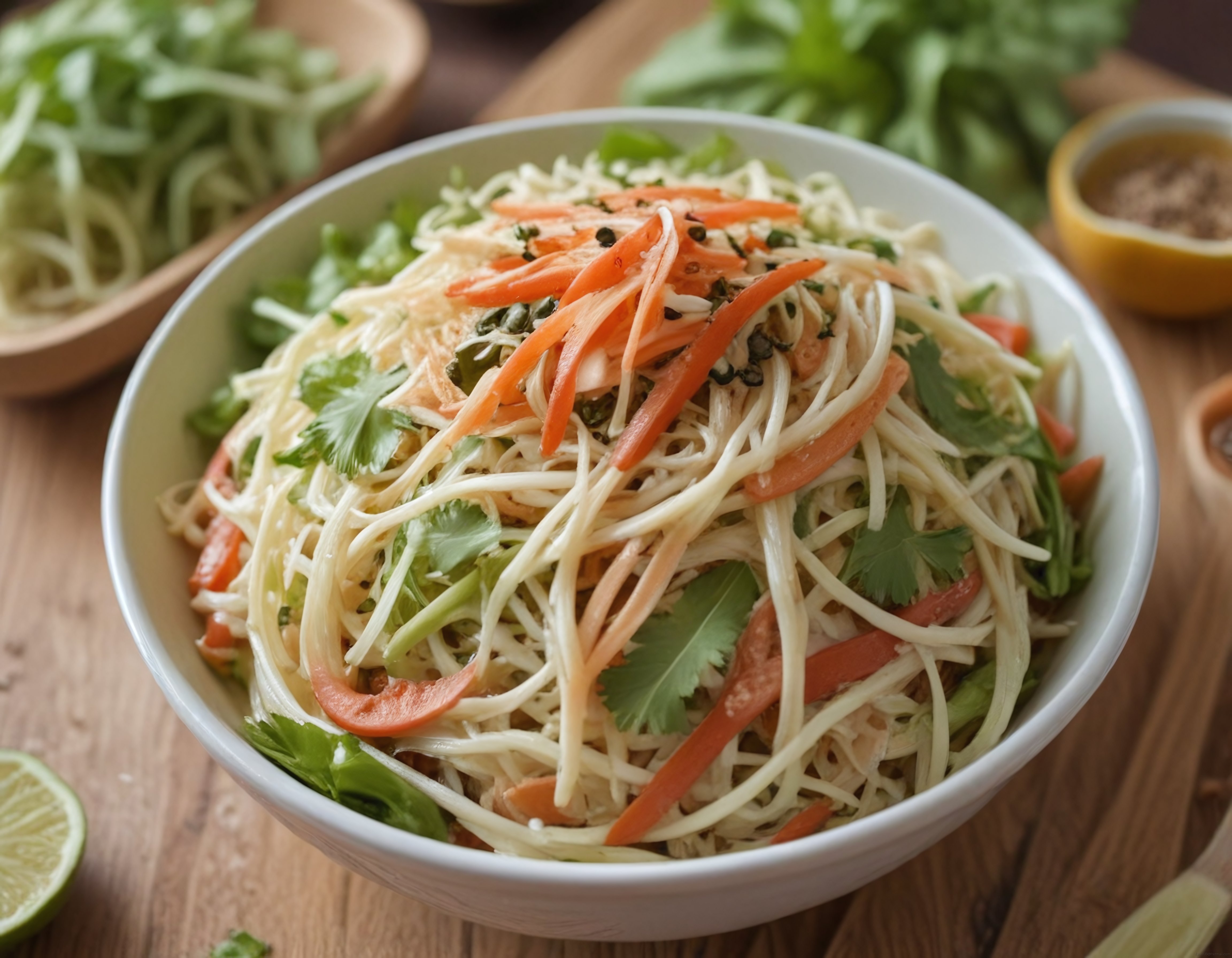 Renkli Sebzeler ve Kişnişle Süslenmiş Asya Noodle Salatası Kasesi