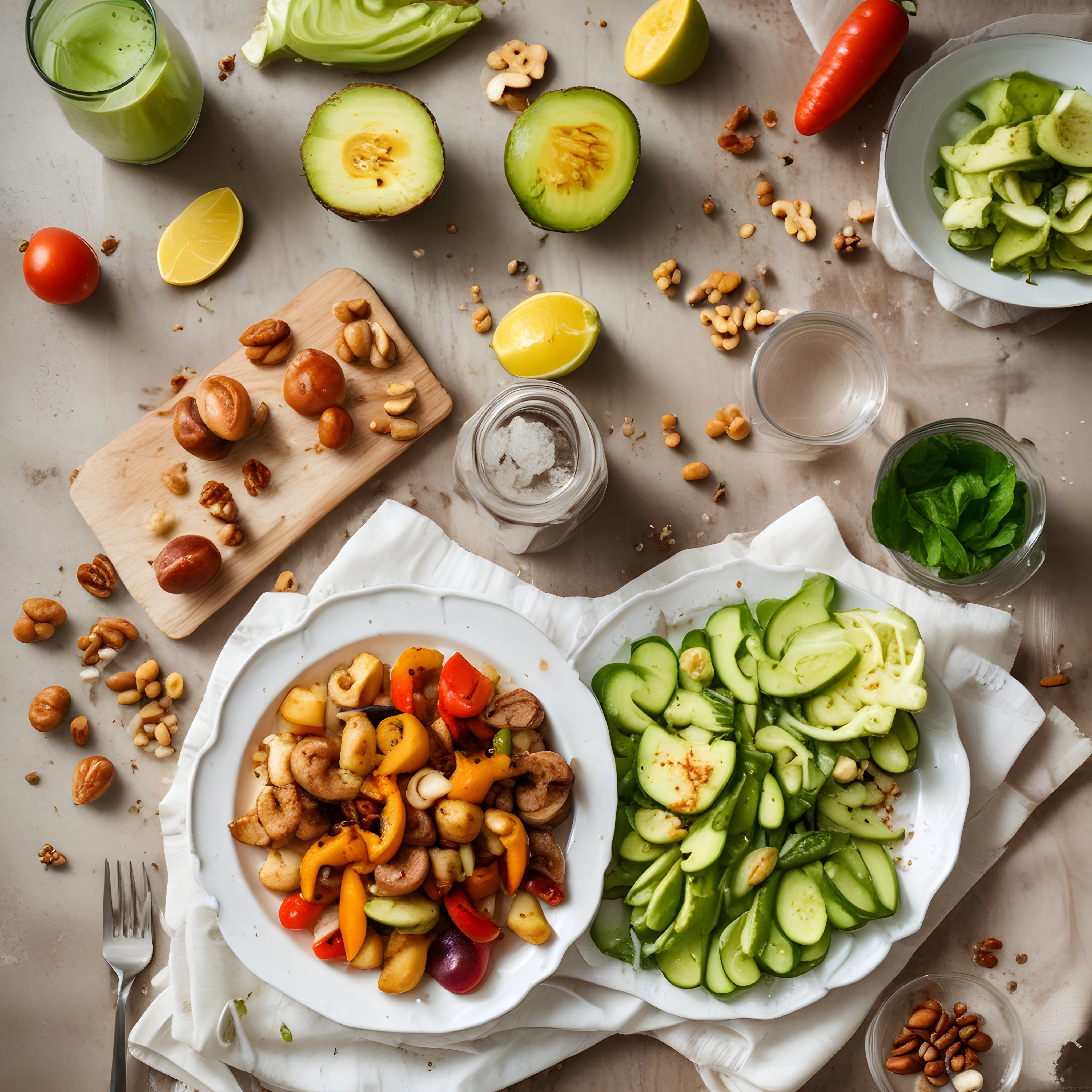 Renkli Sebzeler ve Kuruyemişlerle Hazırlanan Sağlıklı Vegan Sofrası ve Yeşil Smoothie