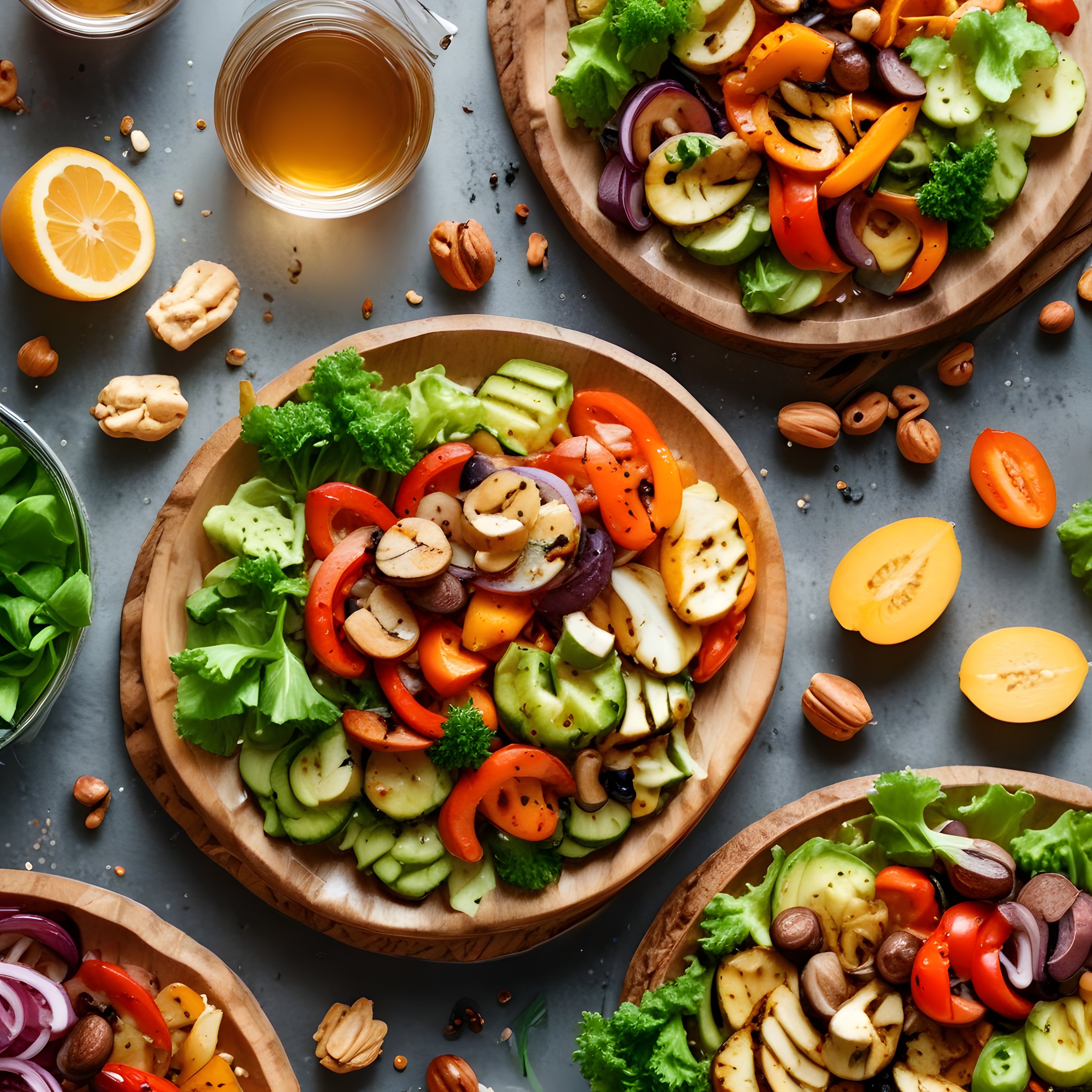 Renkli Sebzeler ve Kuruyemişlerle Hazırlanmış Sağlıklı Salata Kaseleri
