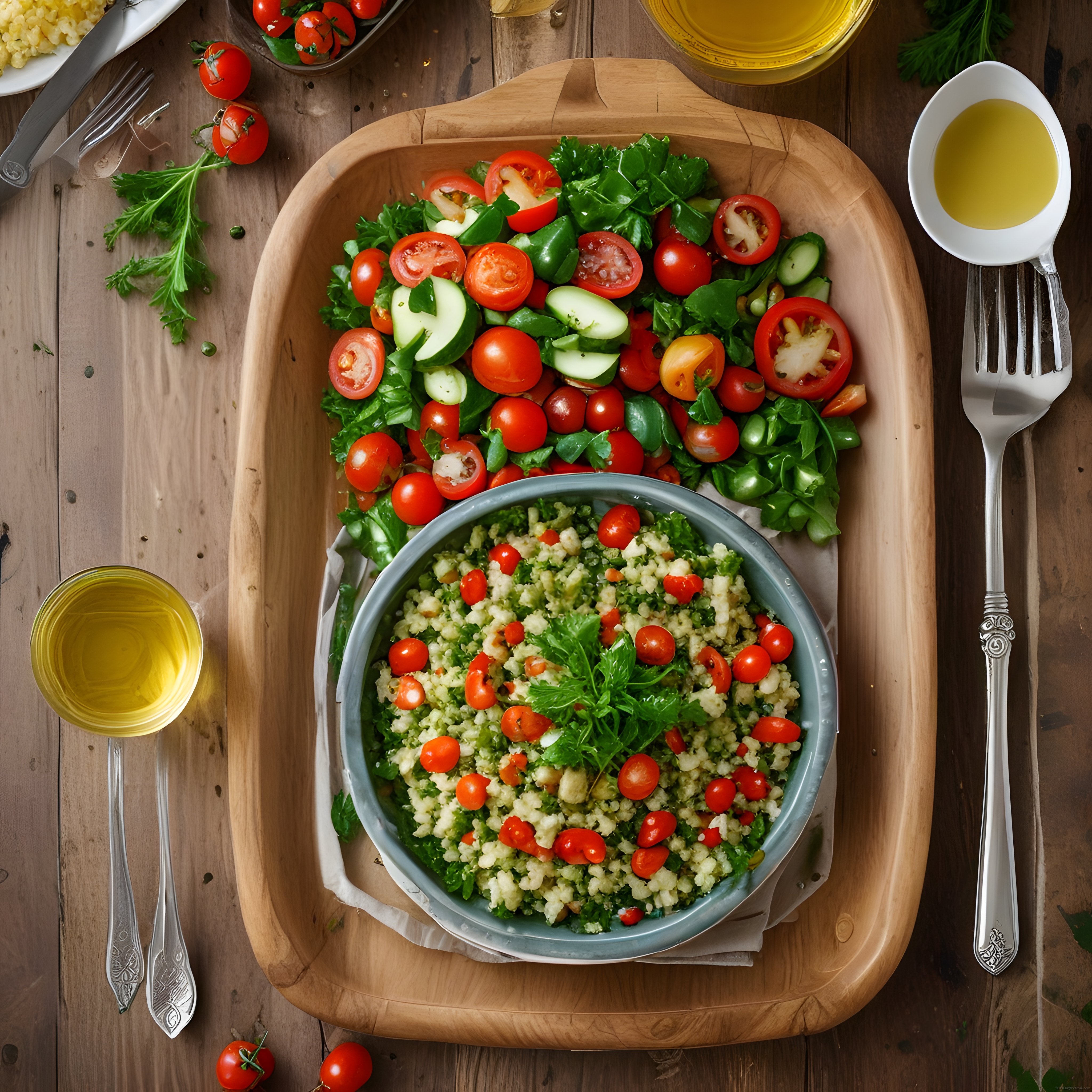Renkli Sebzeler ve Kuskus Salatası: Rustik Ahşap Masada Sağlıklı Yemek Sunumu