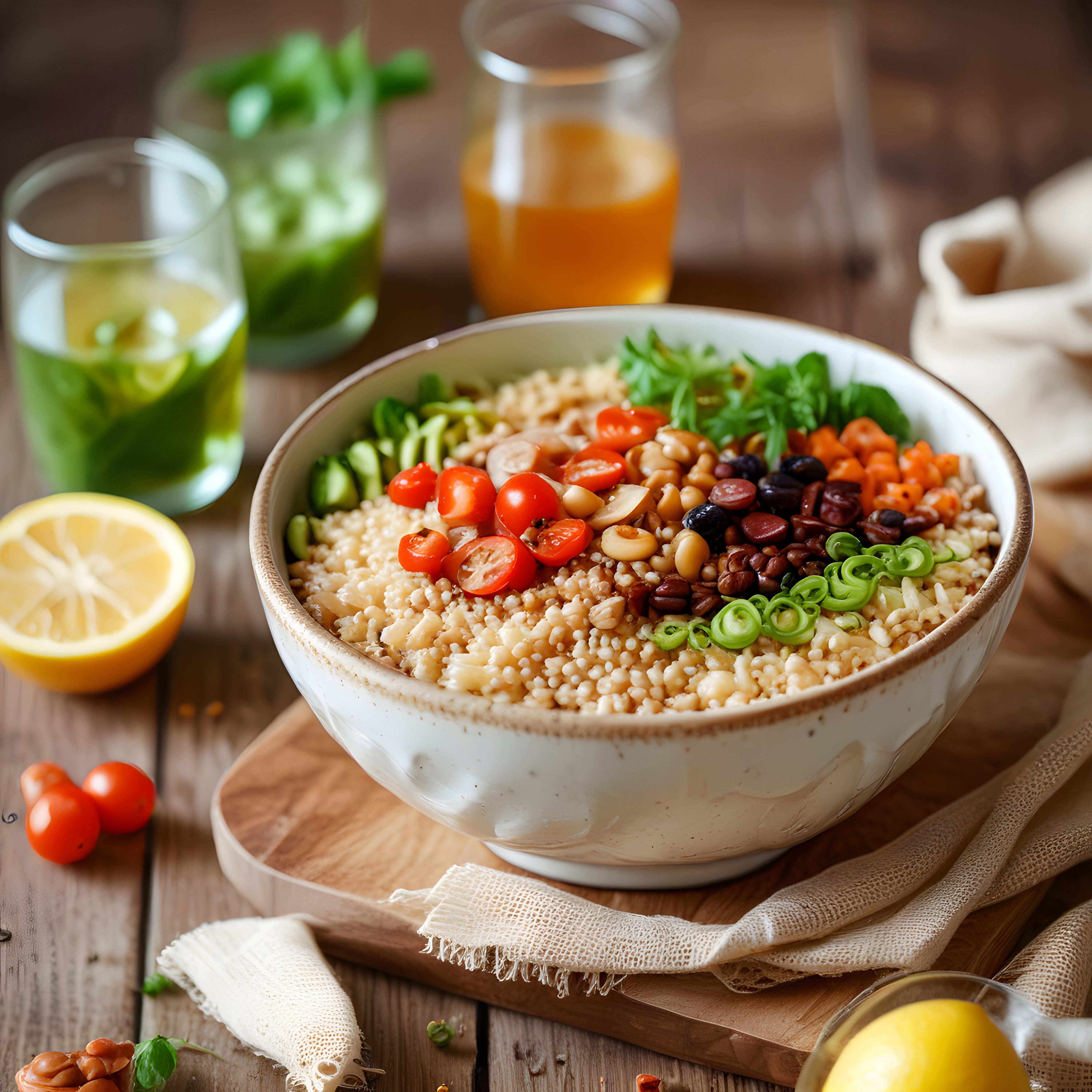 Renkli Sebzeler ve Kuskusla Hazırlanan Besleyici Vegan Salata Kasesi