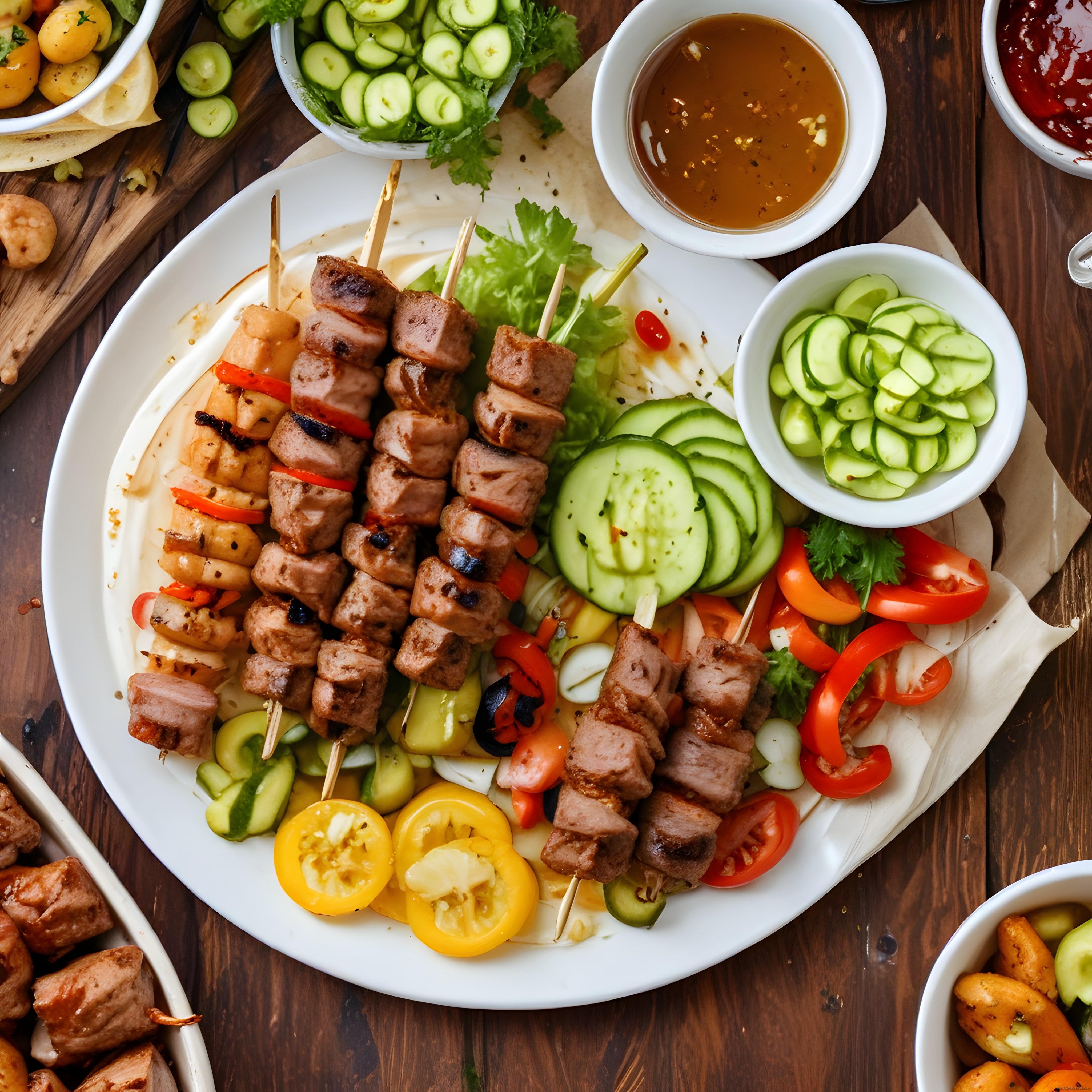 Renkli sebzeler ve özel soslar eşliğinde sunulan ızgara şiş kebap tabağı