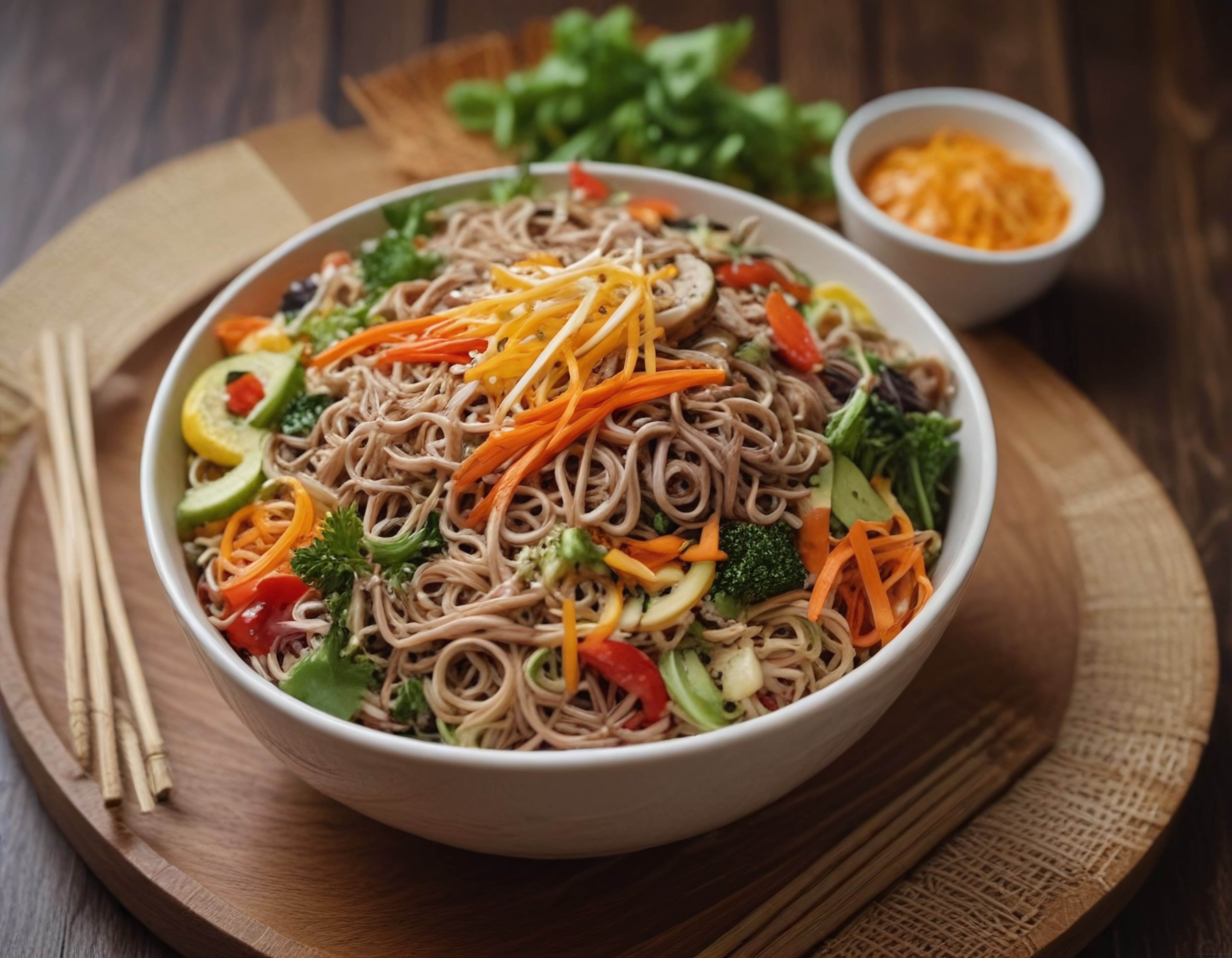 Renkli sebzeler ve rendelenmiş peynirle süslenmiş soba noodle kasesi
