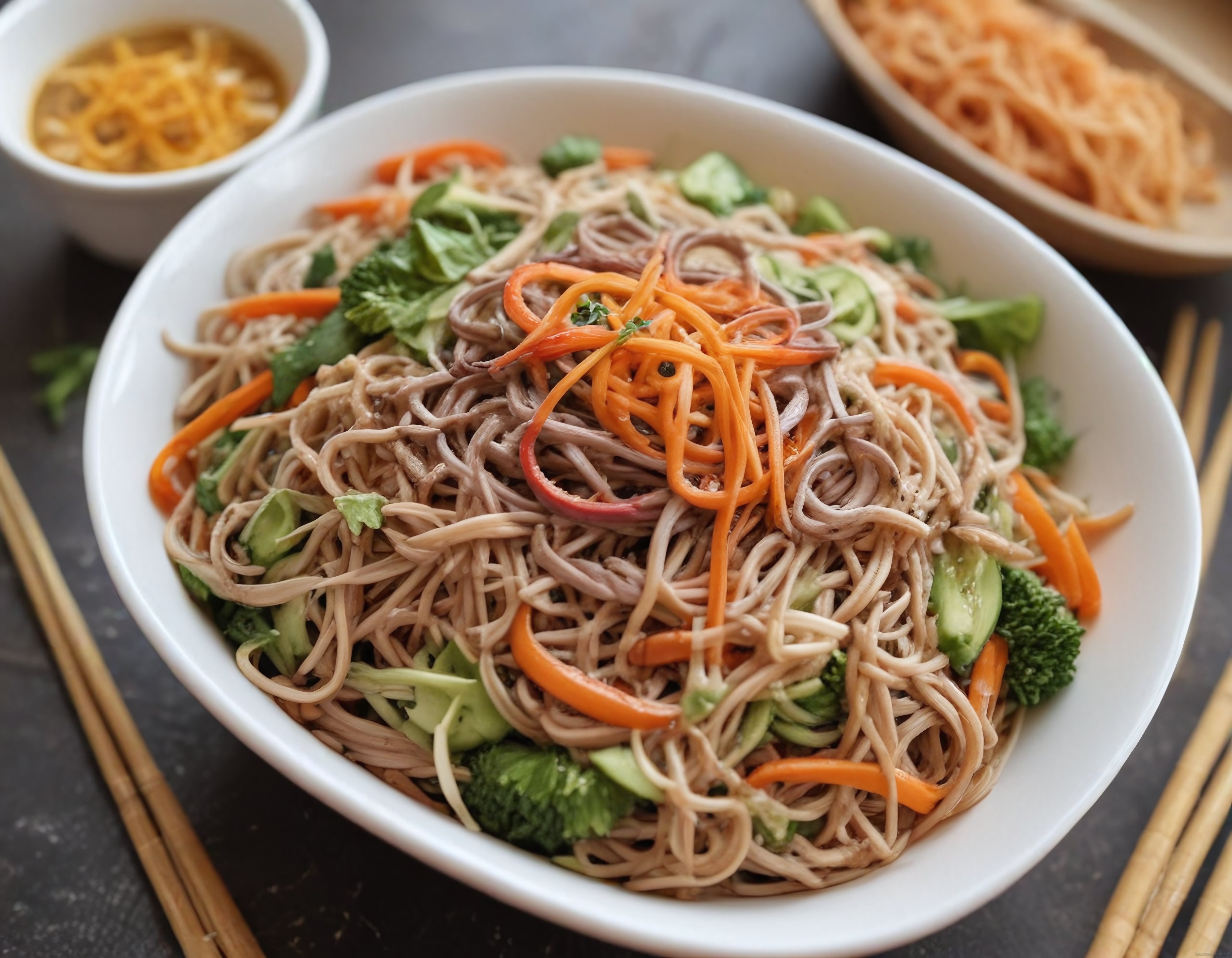 Renkli Sebzeler ve Soba Eriştesiyle Hazırlanmış Soğuk Asya Salatası