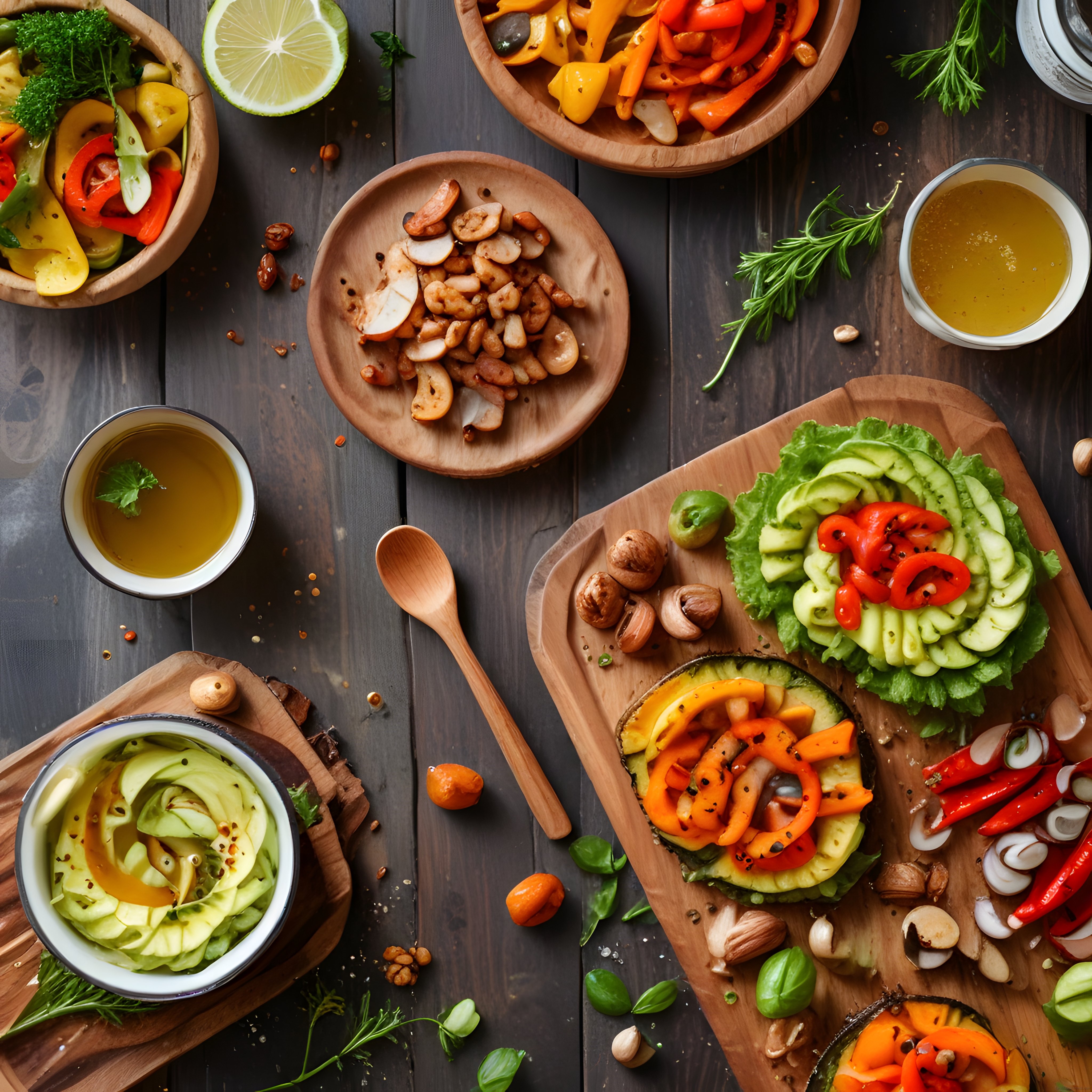 Renkli Sebzeler ve Taze Malzemelerle Rustik Ahşap Masada Vegan Sunum