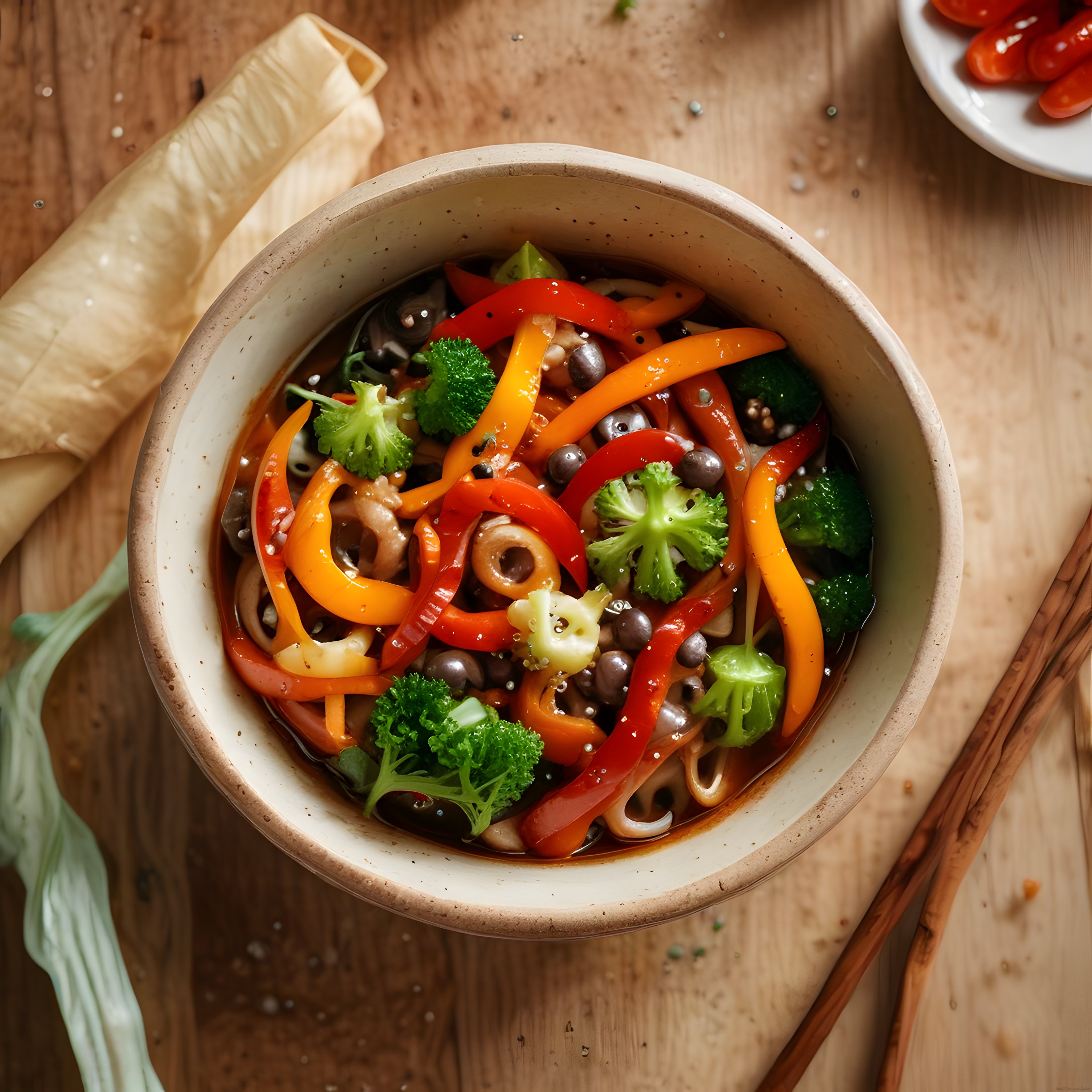 Renkli Sebzeler ve Taze Mantarlarla Süslenmiş Sıcak Asya Usulü Noodle Çorbası