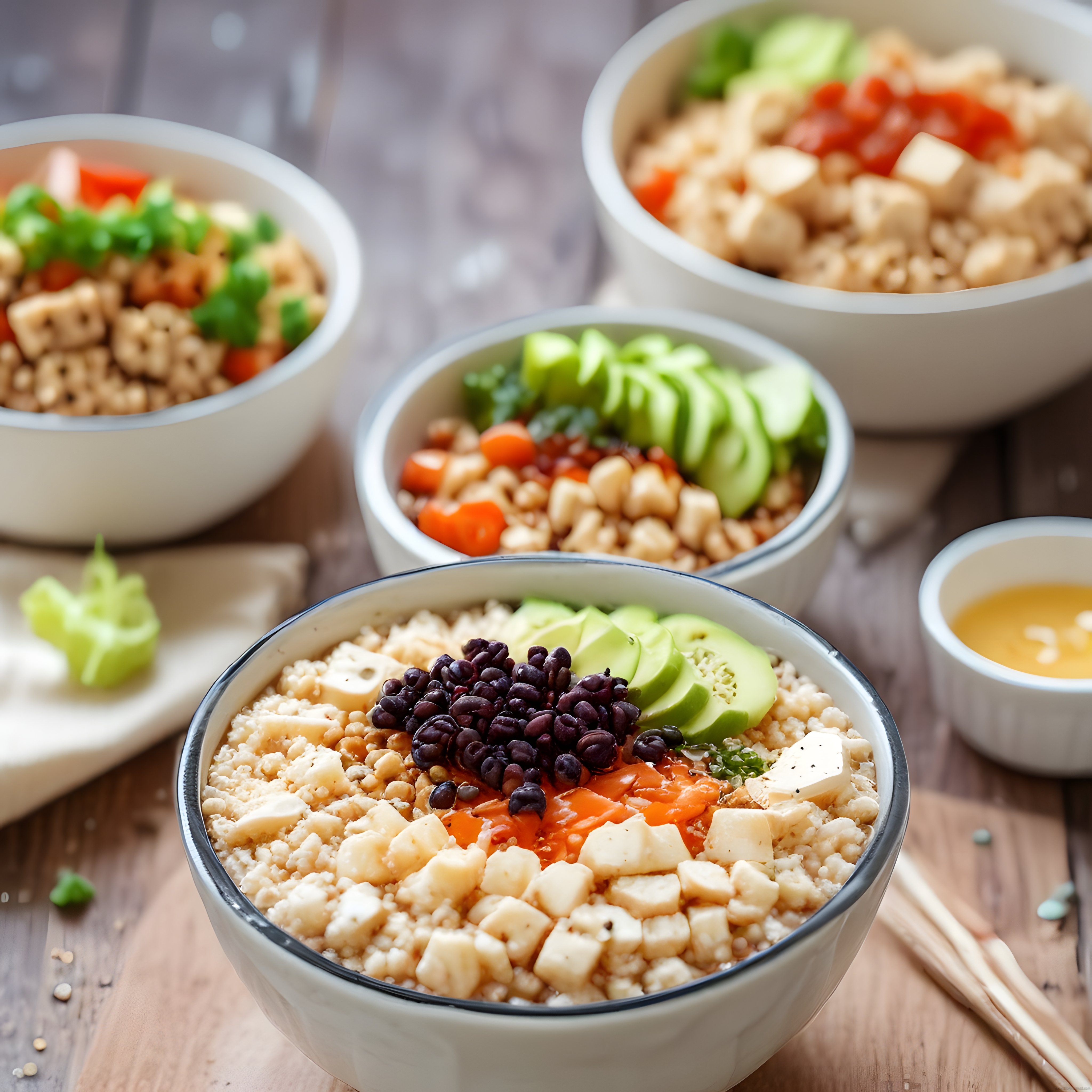 Renkli Sebzeler ve Tofu ile Hazırlanan Sağlıklı Vegan Poke Bowl