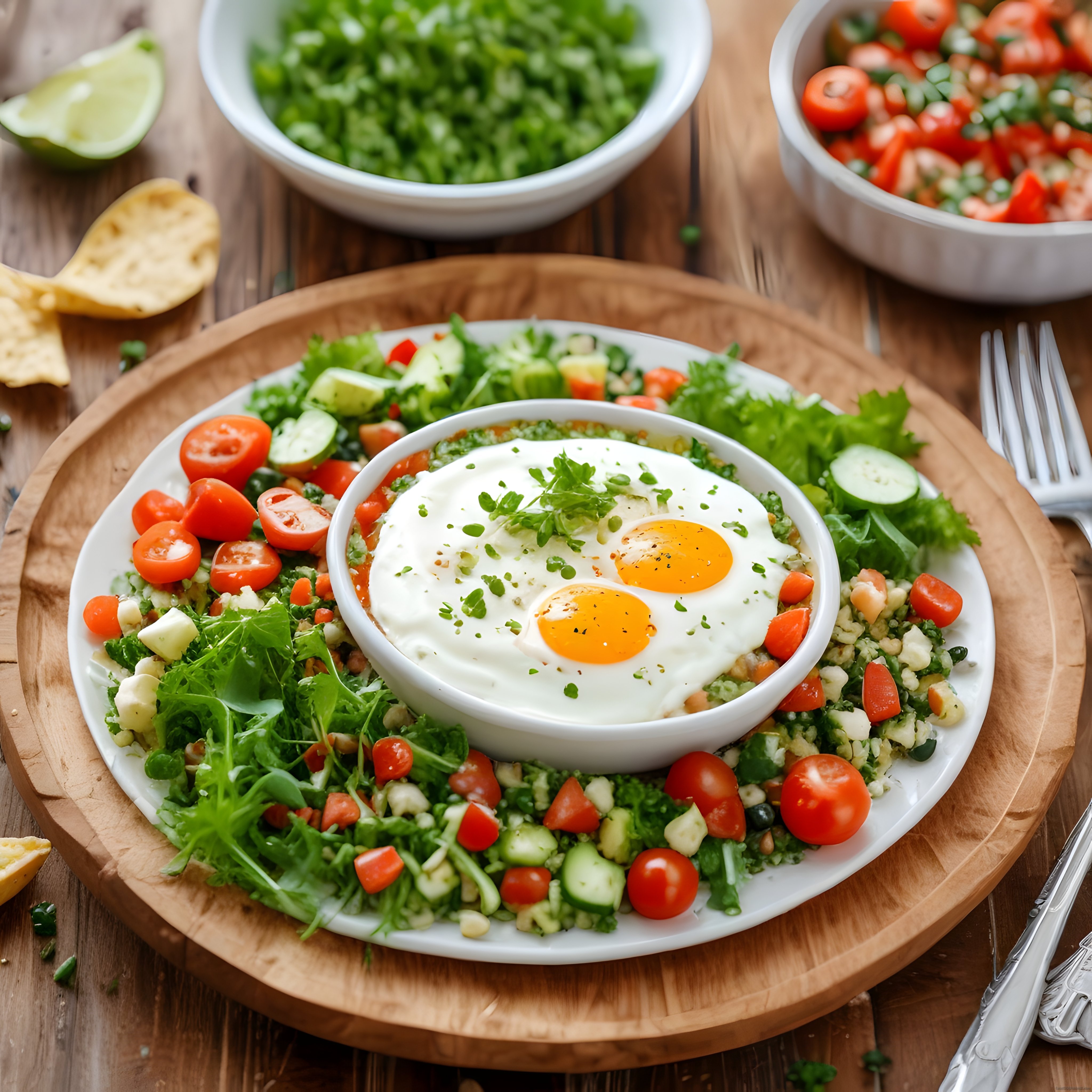 Renkli Sebzeler ve Yeşilliklerle Tamamlanmış Güneşte Yumurta Kahvaltı Tabağı Renkli Sebzeler ve Yeşilliklerle Tamamlanmış Güneşte Yumurta Kahvaltı Tabağı