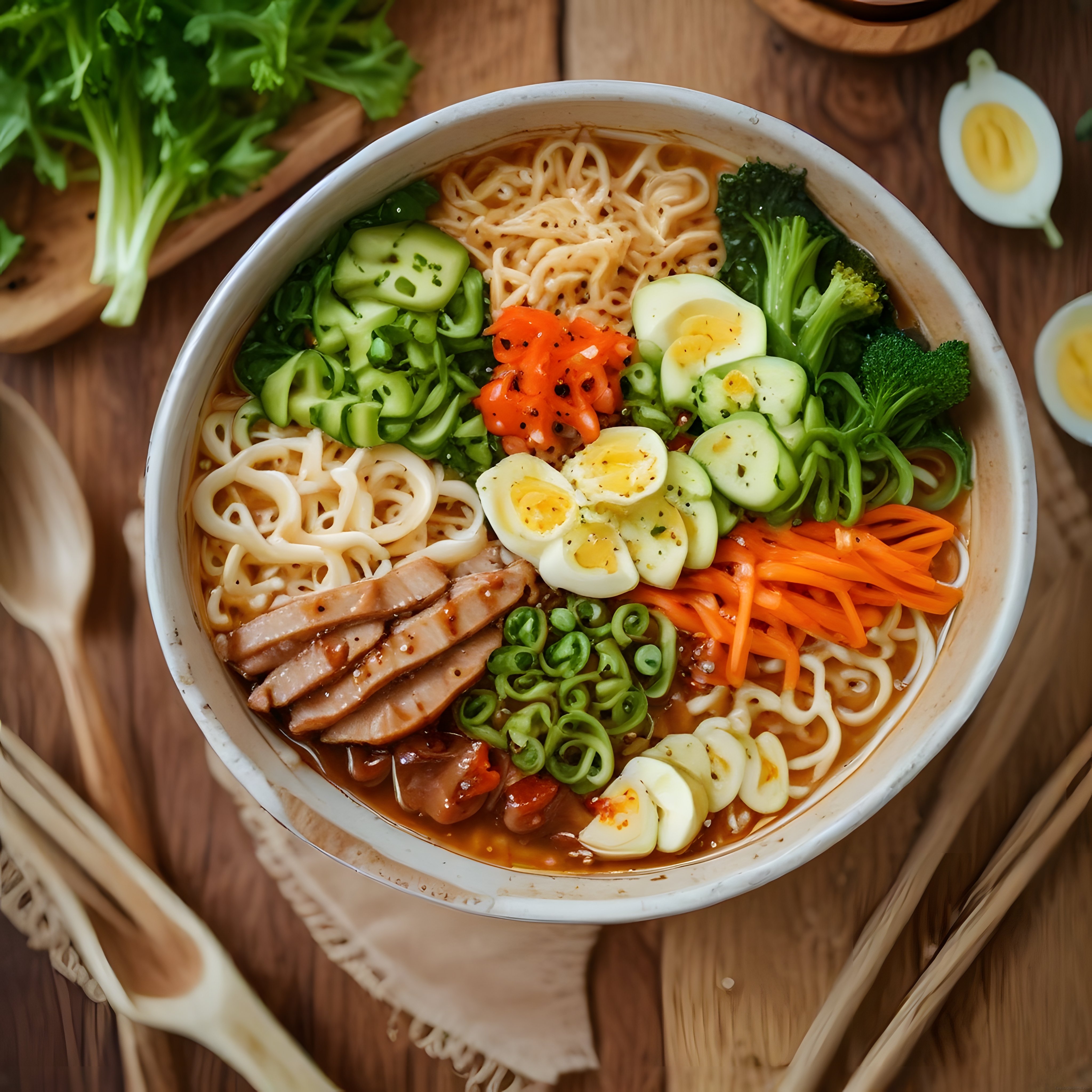 Renkli Sebzeler ve Yumurta ile Süslenmiş Asya Usulü Noodle Çorba Kasesi