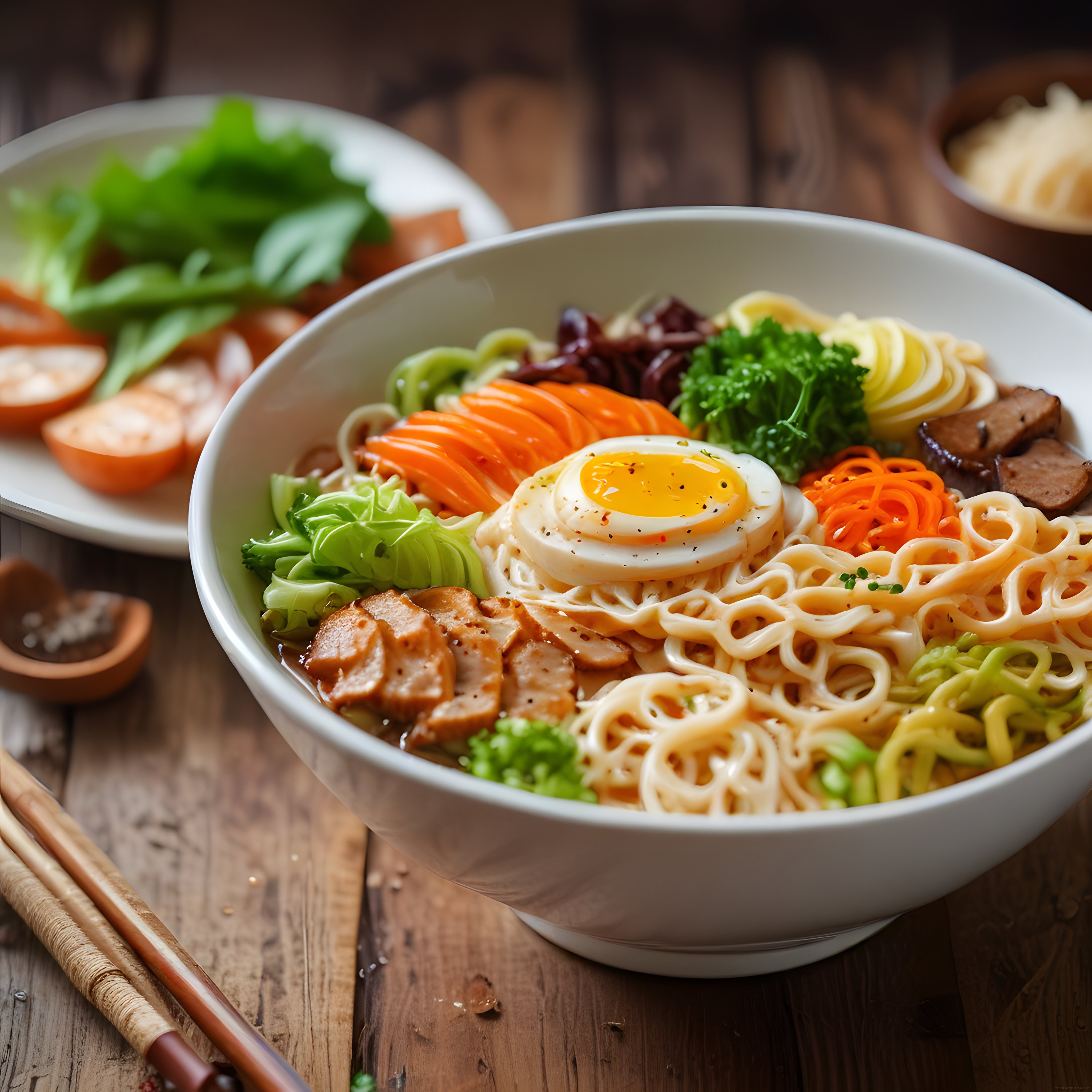 Renkli Sebzeler ve Yumurtalı Noodle Kasesi: Lezzetli Asya Mutfağı Sunumu