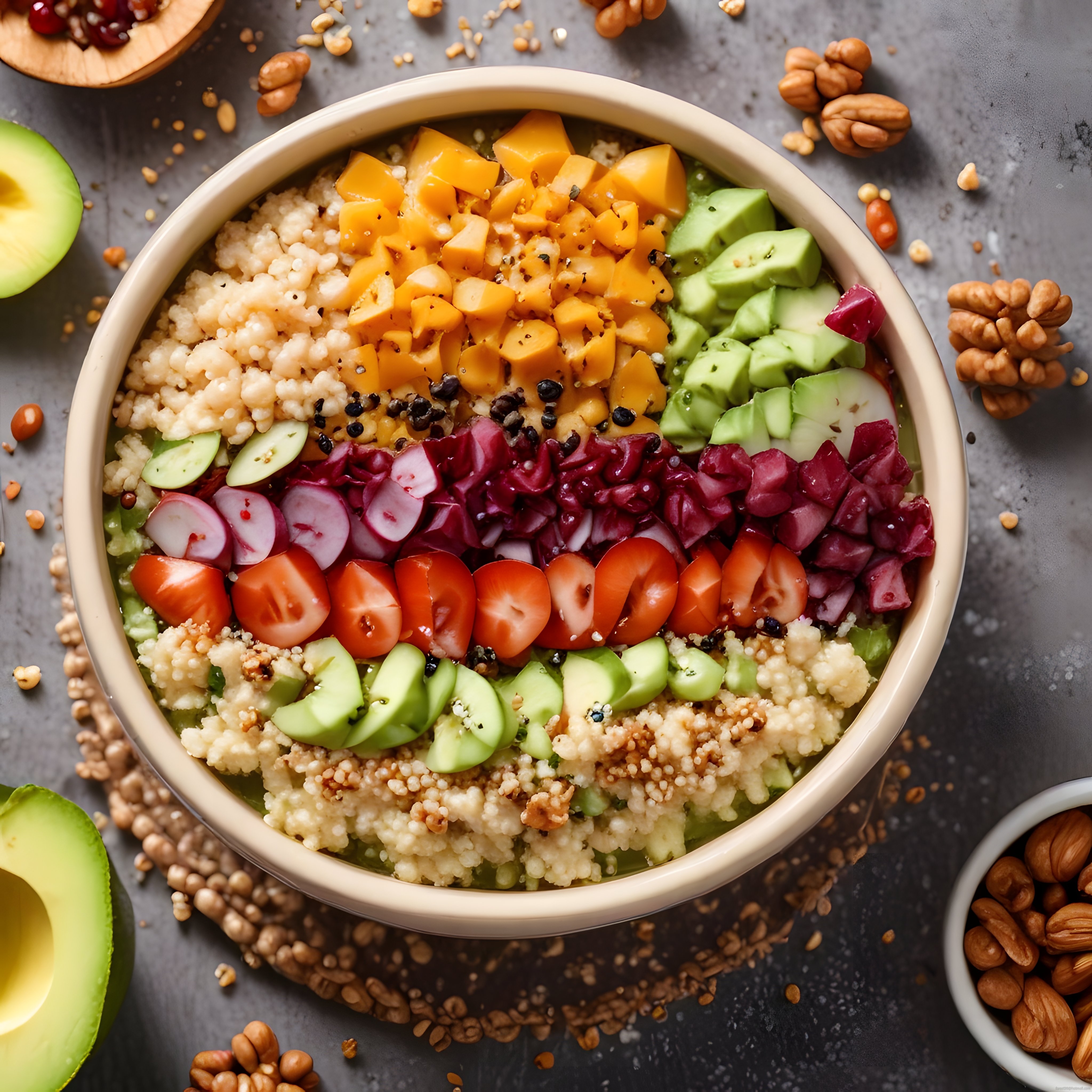 Renkli sebzelerle bezeli kuskuslu besleyici buddha bowl sunumu