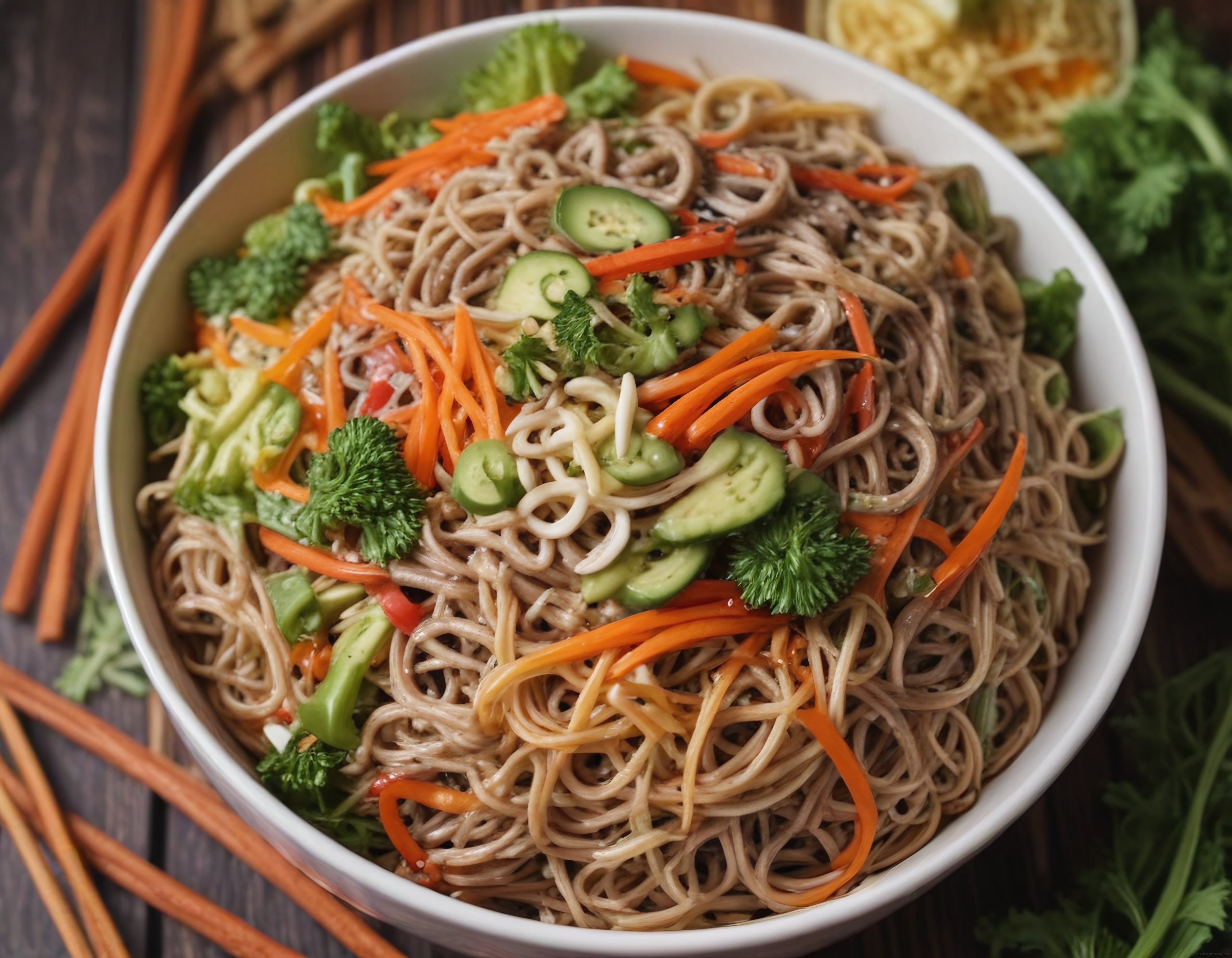 Renkli Sebzelerle Hazırlanmış Ferahlatıcı Soba Erişte Salatası Kasesi