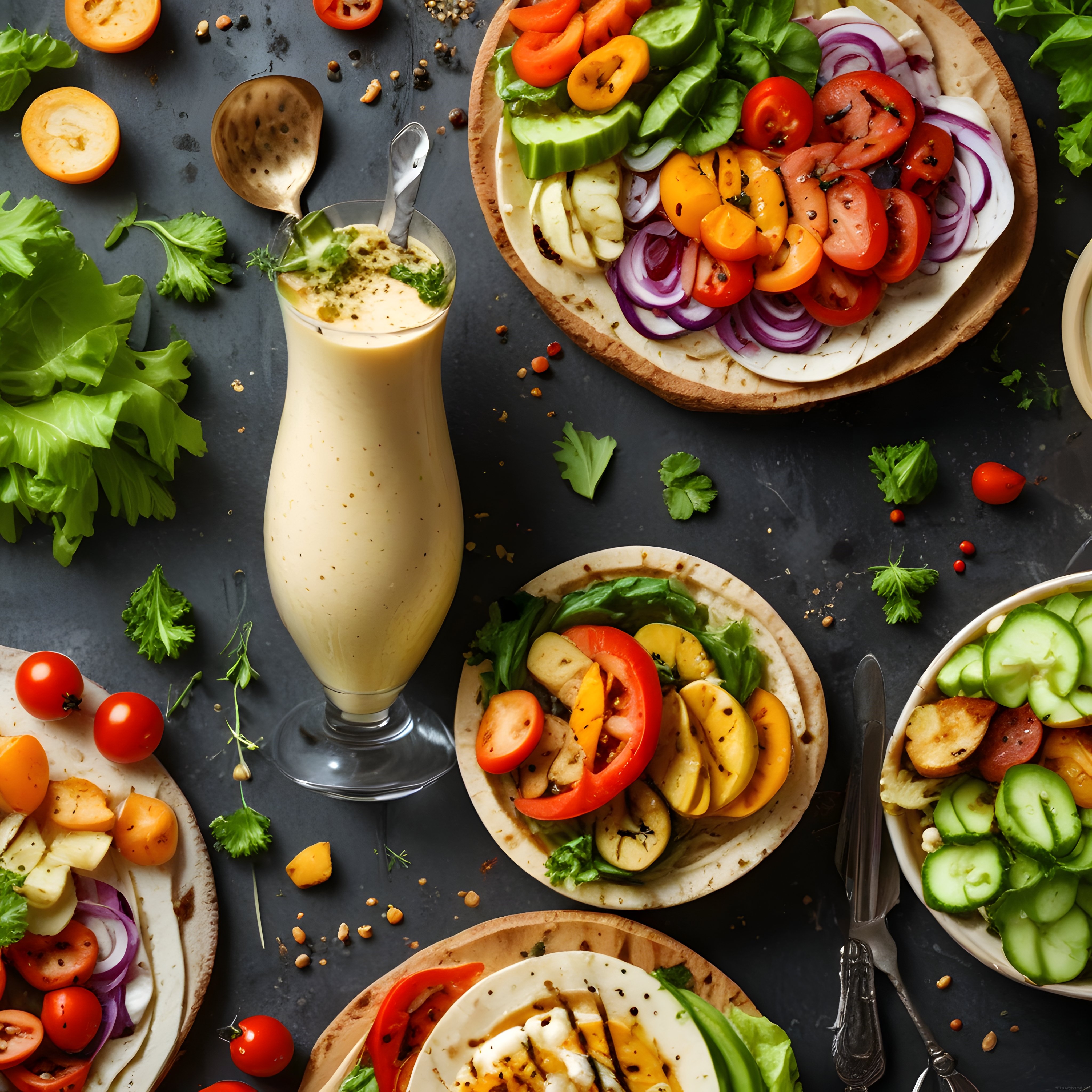 Renkli Sebzelerle Hazırlanmış Sağlıklı Wrap Tablosu ve Kremalı Smoothie İkramı