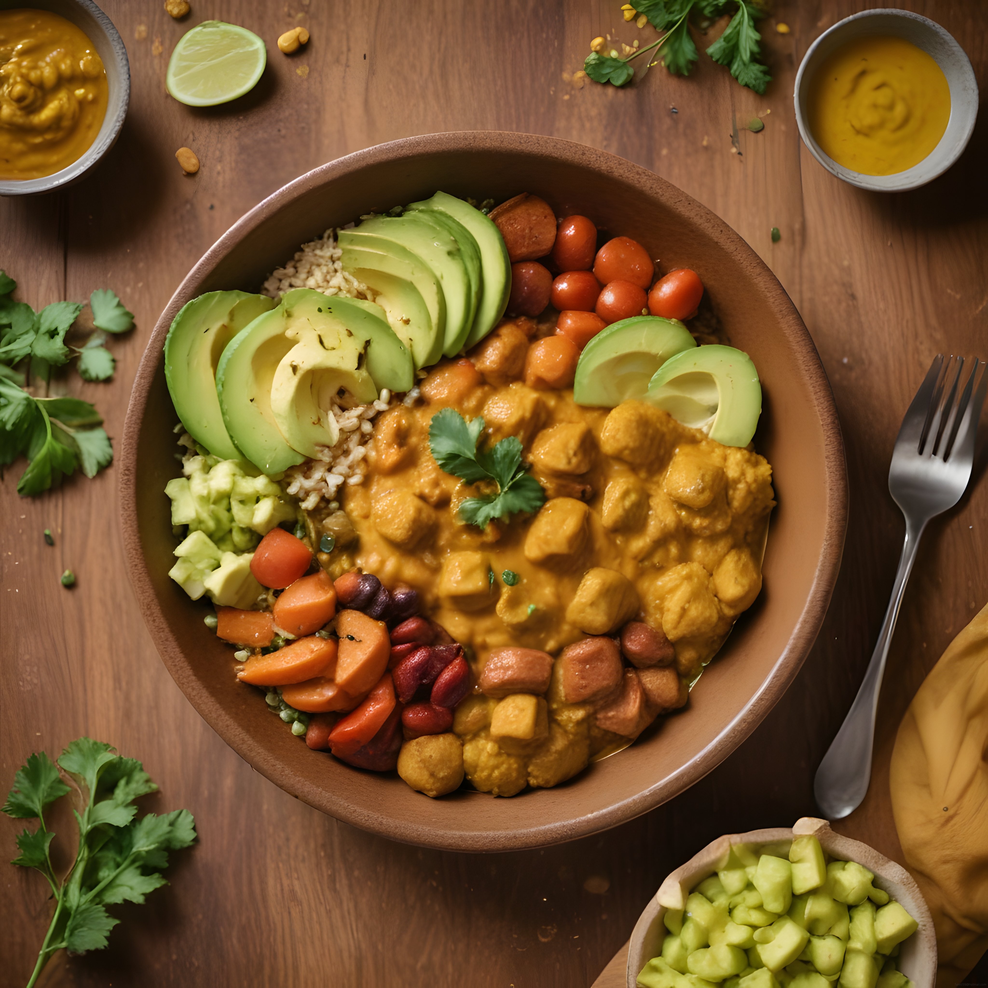 Renkli sebzelerle süslenmiş avokadolu protein bowl sağlıklı beslenme sunumu