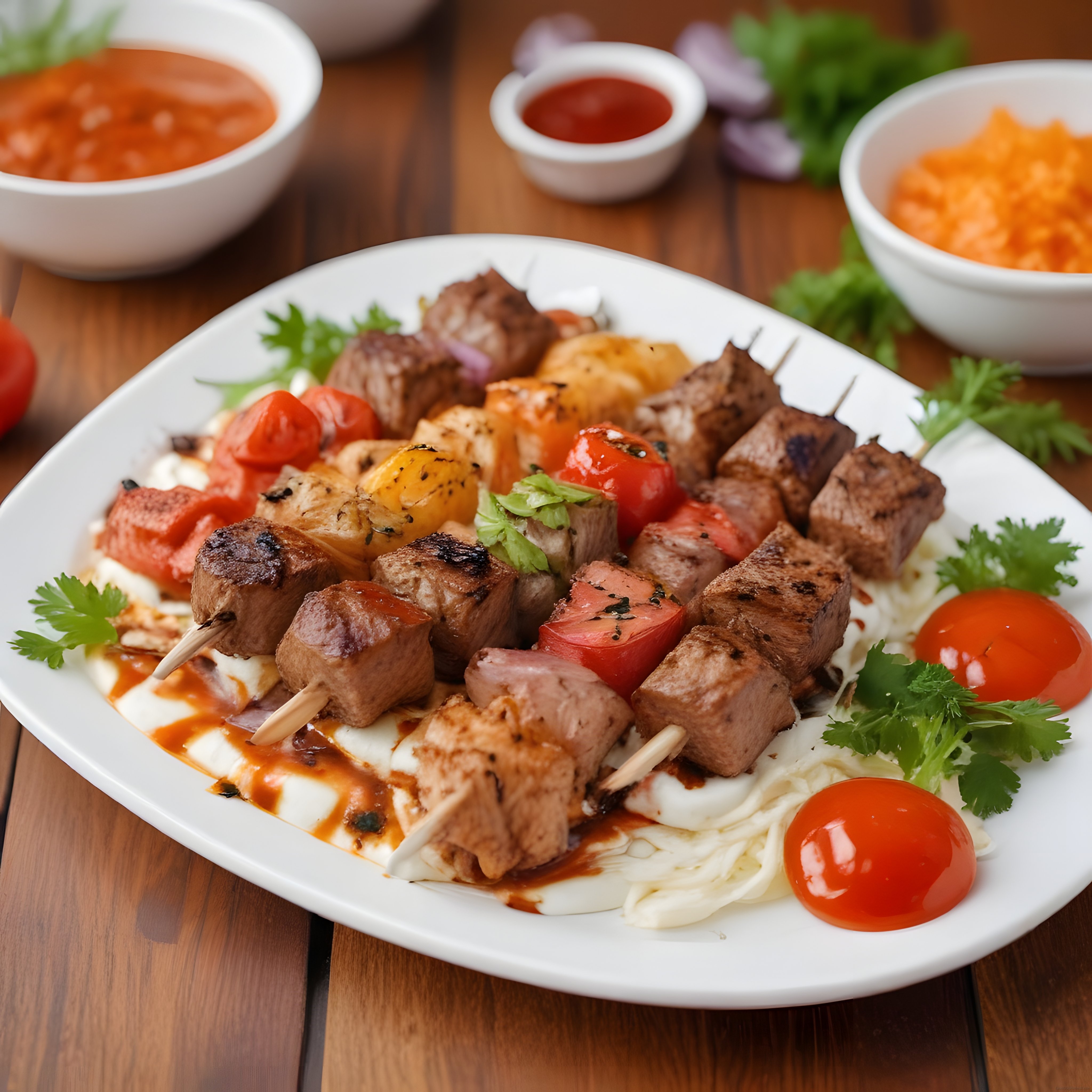 Renkli Sebzelerle Süslenmiş Izgara Şiş Kebabı ve Soslu Salata Tabağı