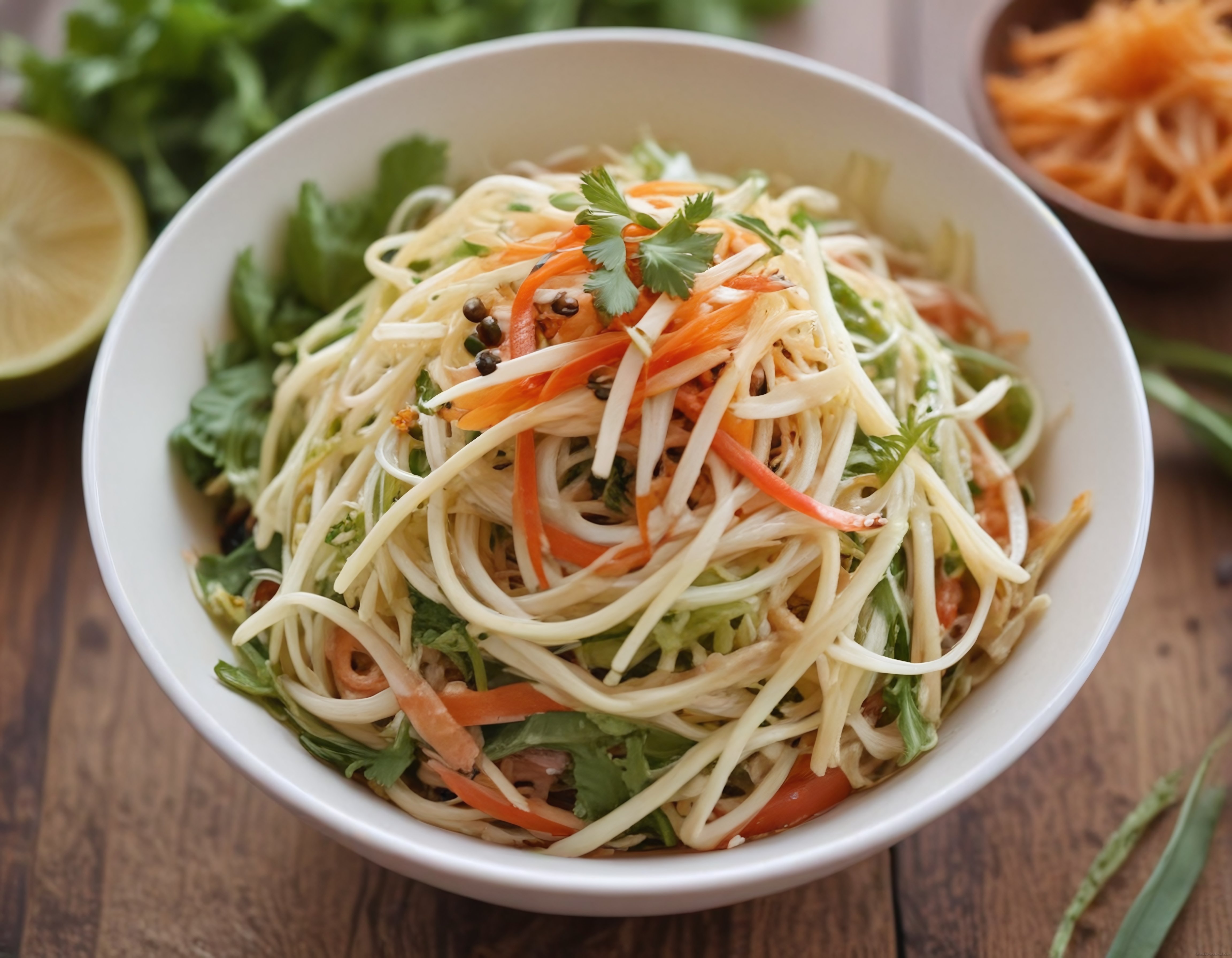 Renkli Sebzelerle Süslenmiş Taze Asya Noodle Salatası Kasesi