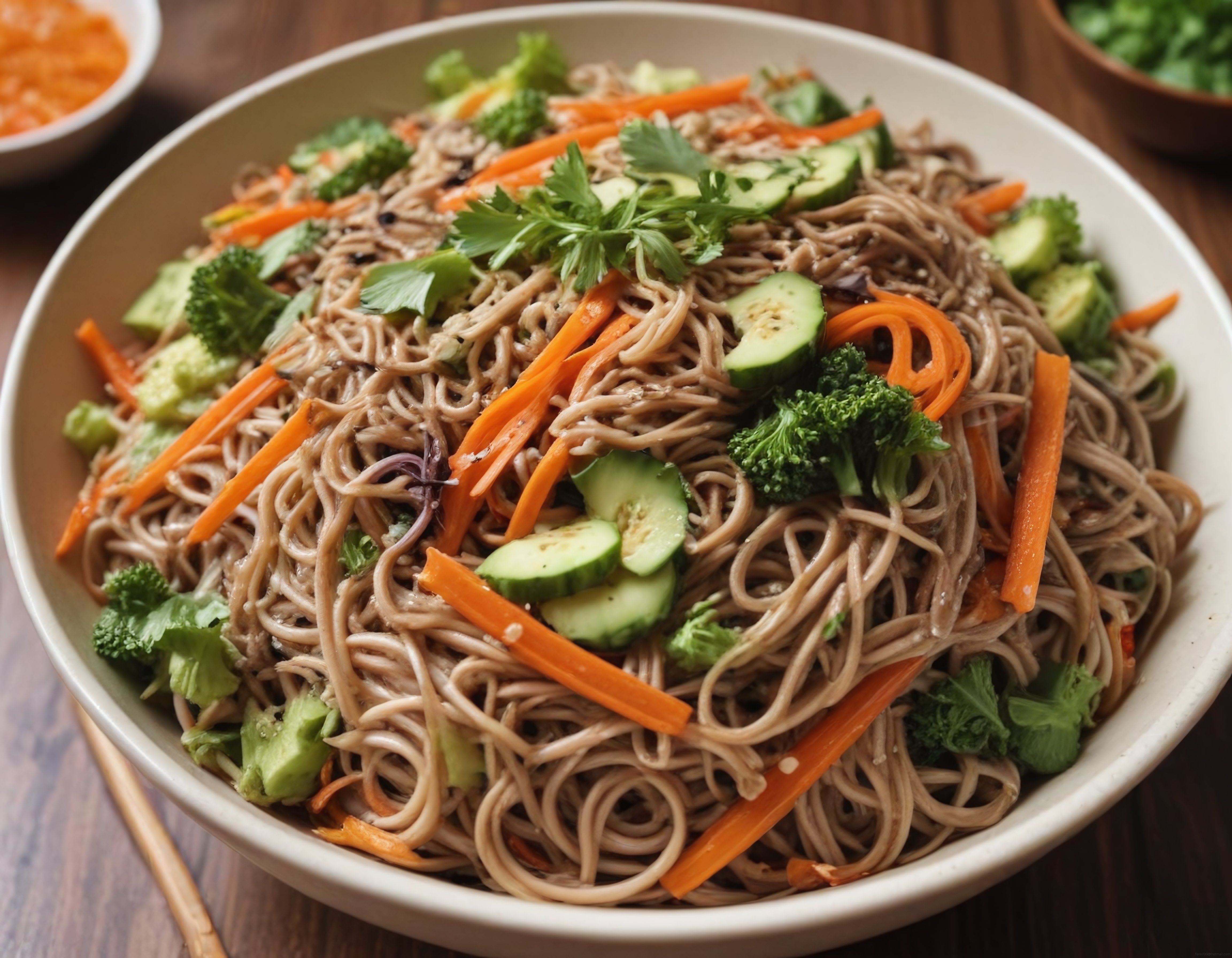 Renkli Sebzelerle Süslenmiş Taze Noodle Salatası ve Sağlıklı Tarif