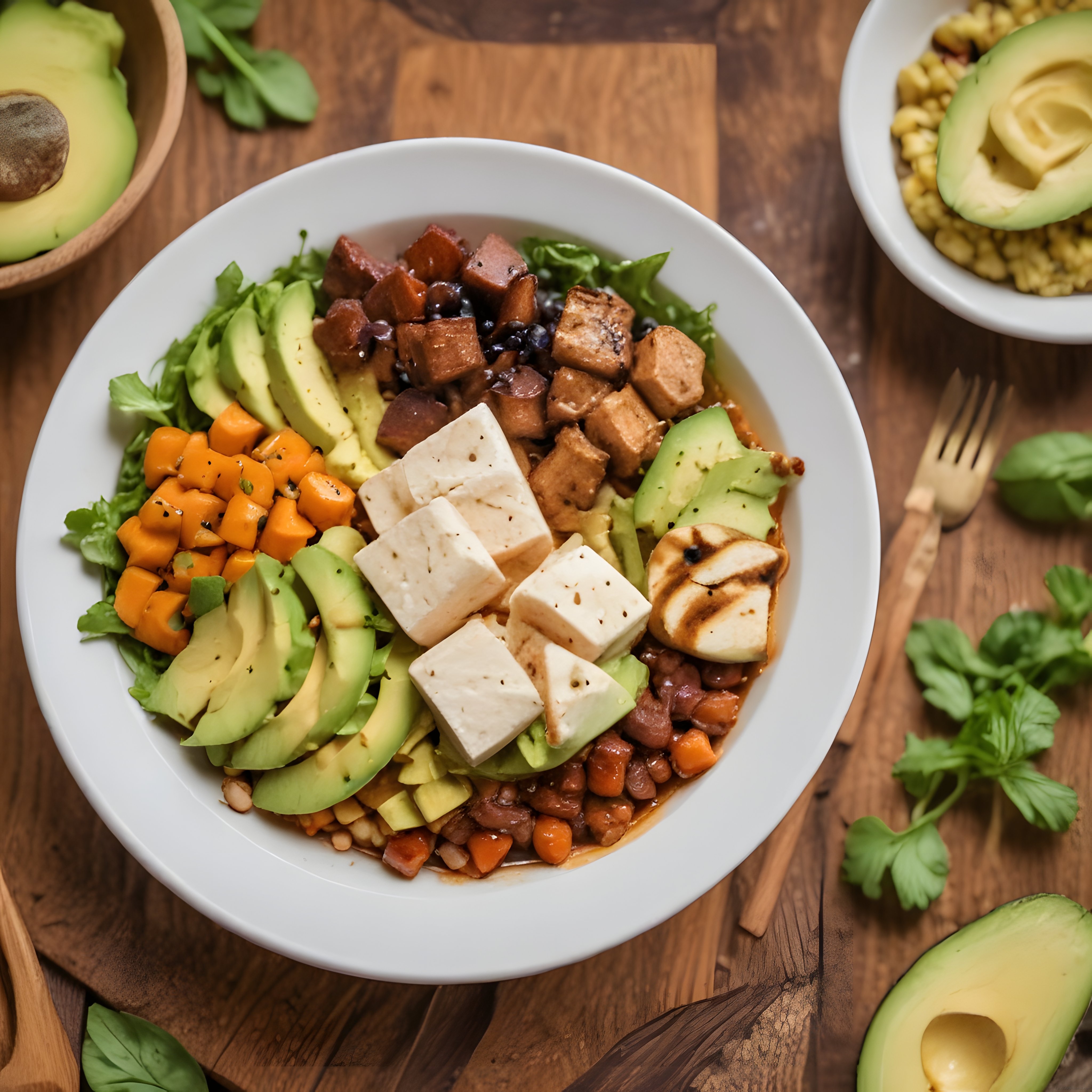 Renkli Sebzeli Avokadolu Tofulu Sağlıklı Ve Doyurucu Vegan Bowl Sunumu