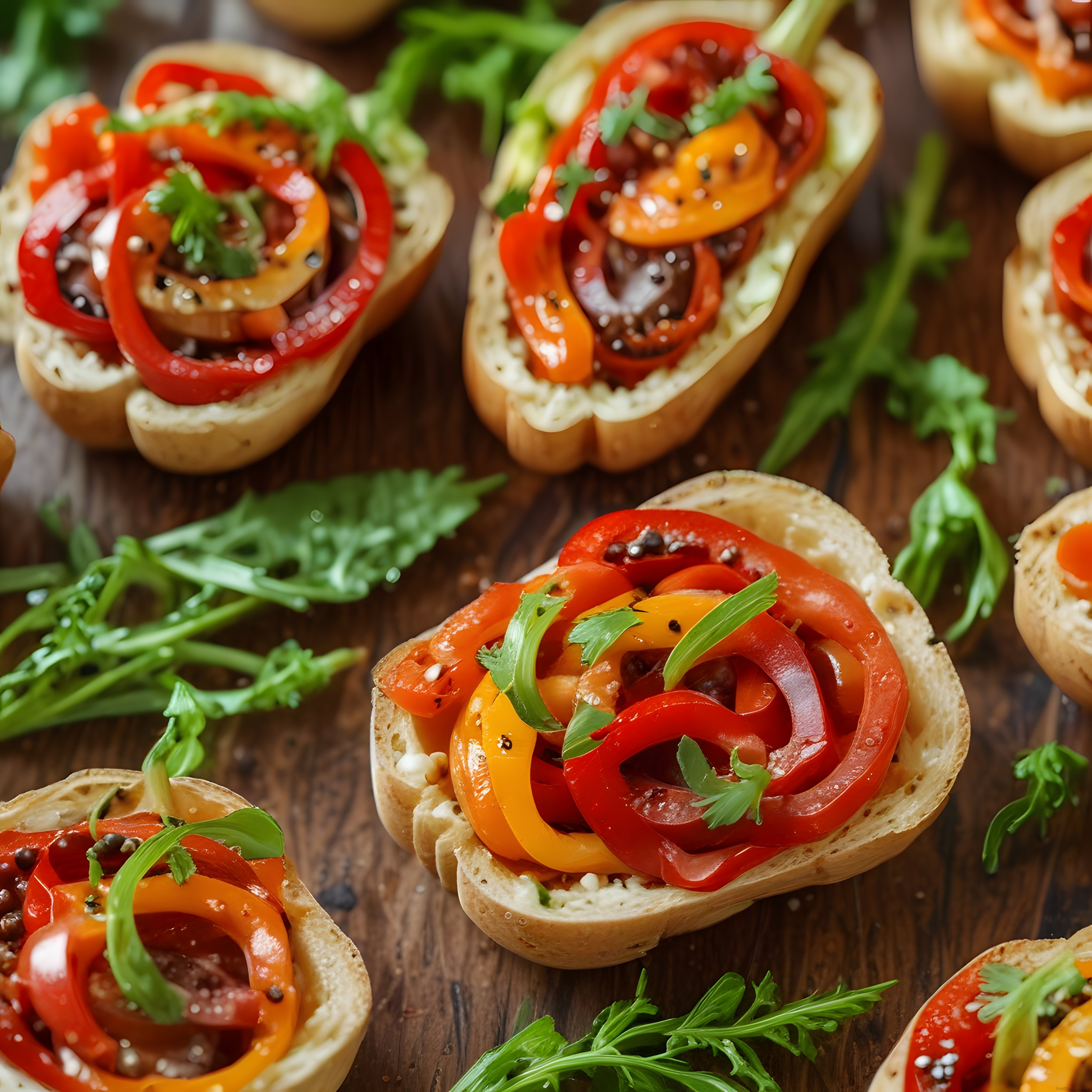 Renkli sebzeli çıtır bruschetta ve taze rokalı ekmek dilimleri sunumu