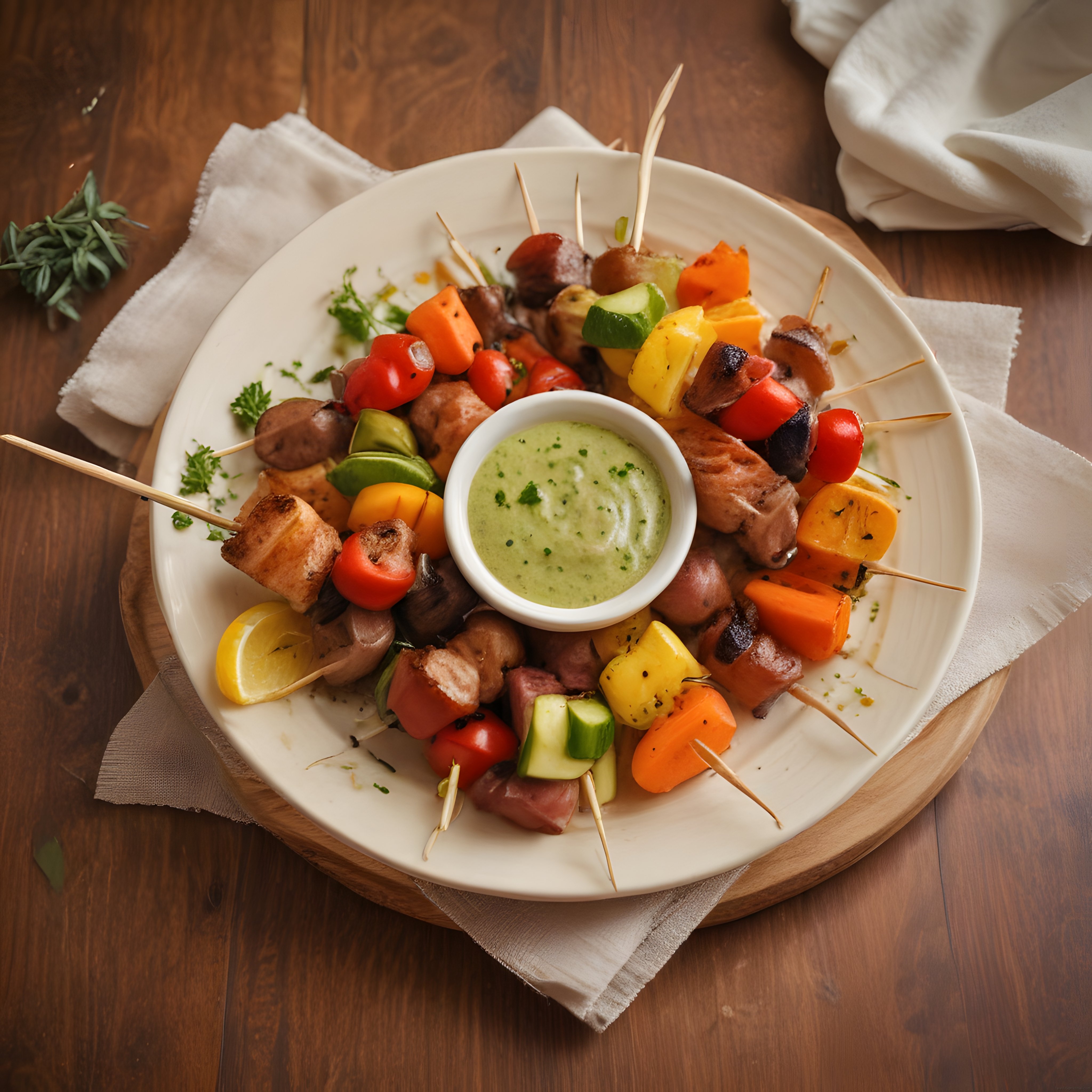 Renkli Sebzeli Et ve Tavuk Şiş Kebap: Özel Soslu Izgara Sunumu
