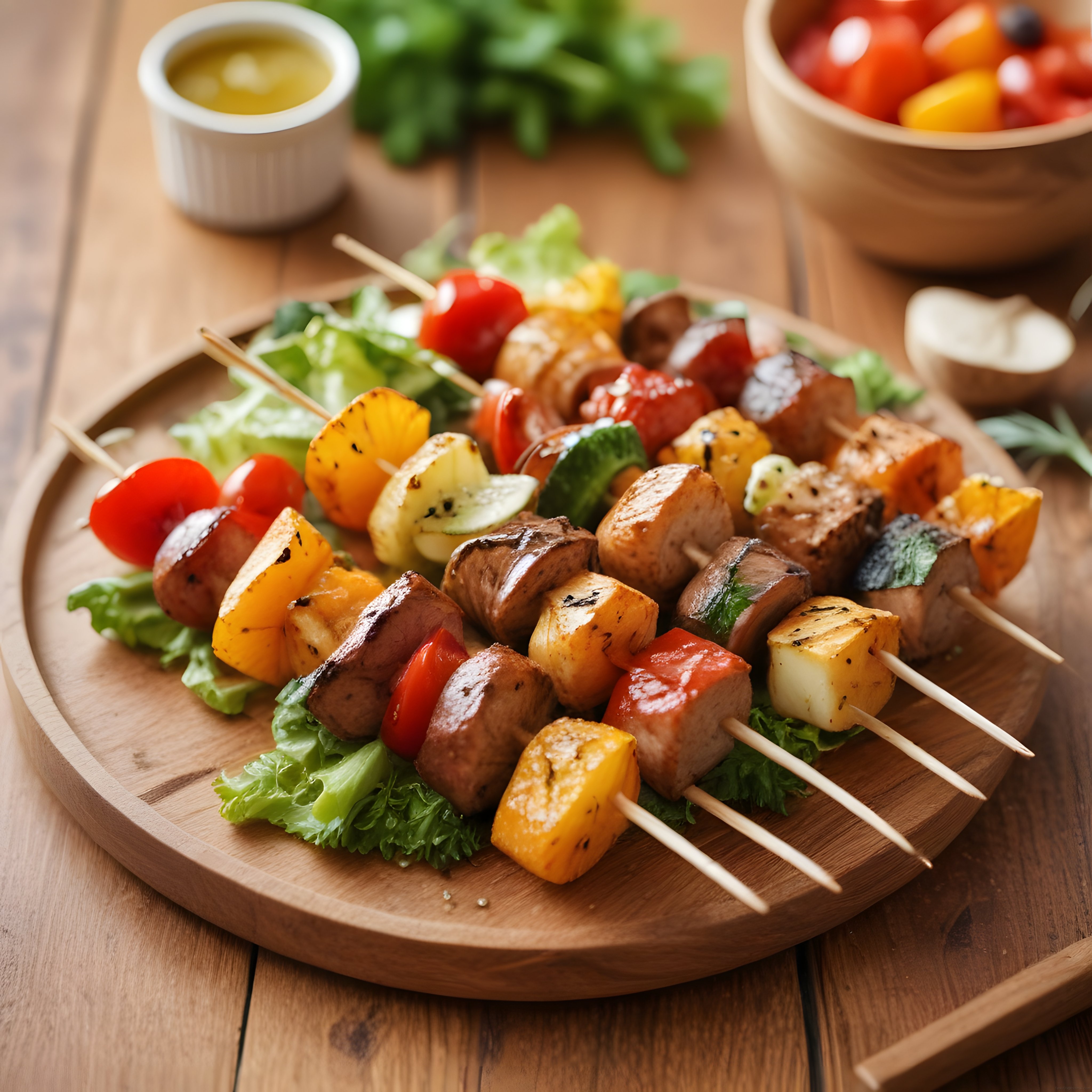 Renkli Sebzeli Etli Izgara Şiş Kebap Ahşap Sunum Tahtasında Hazırlanmış