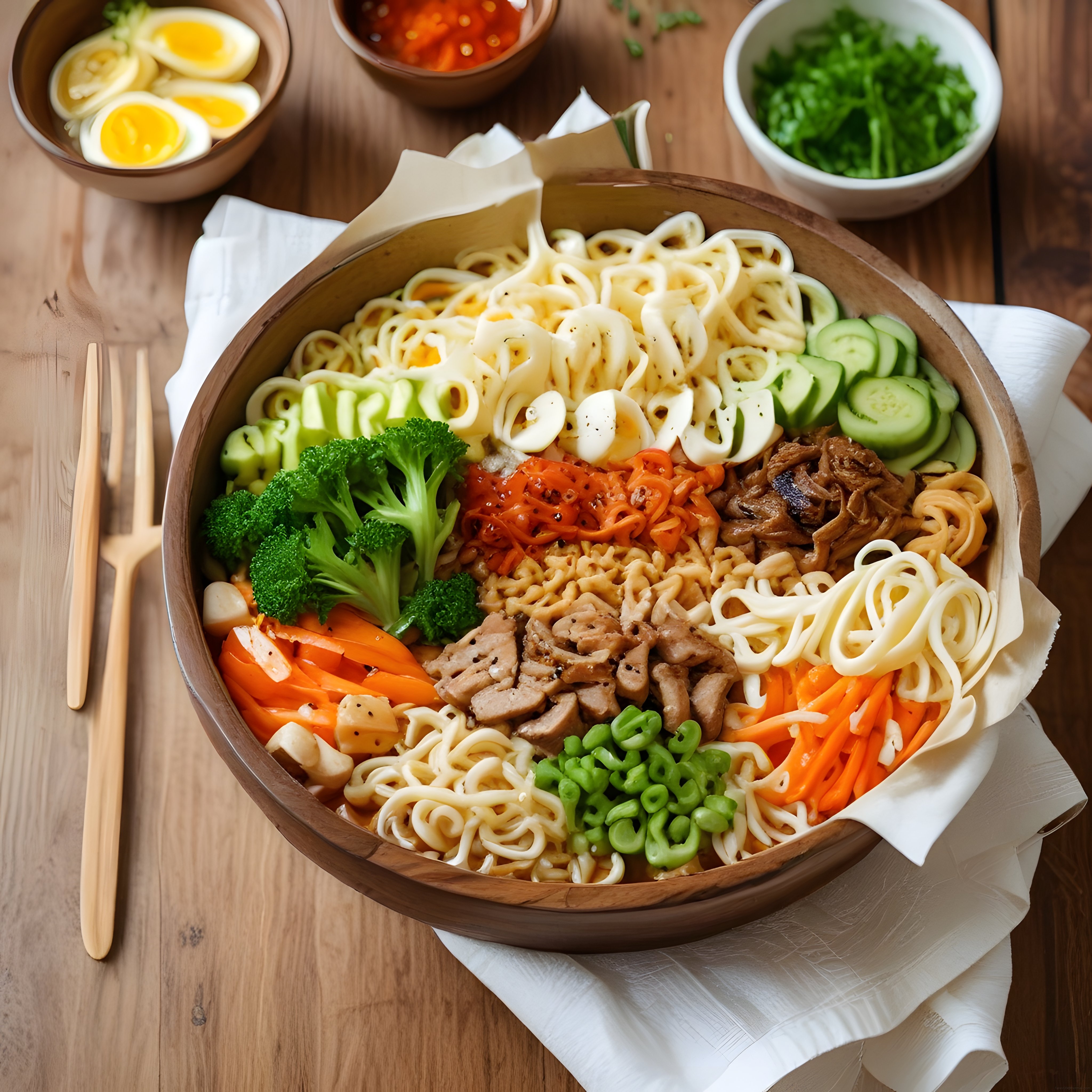 Renkli sebzeli etli noodle kasesi, ahşap sunumda Asya mutfağından lezzetli öğün