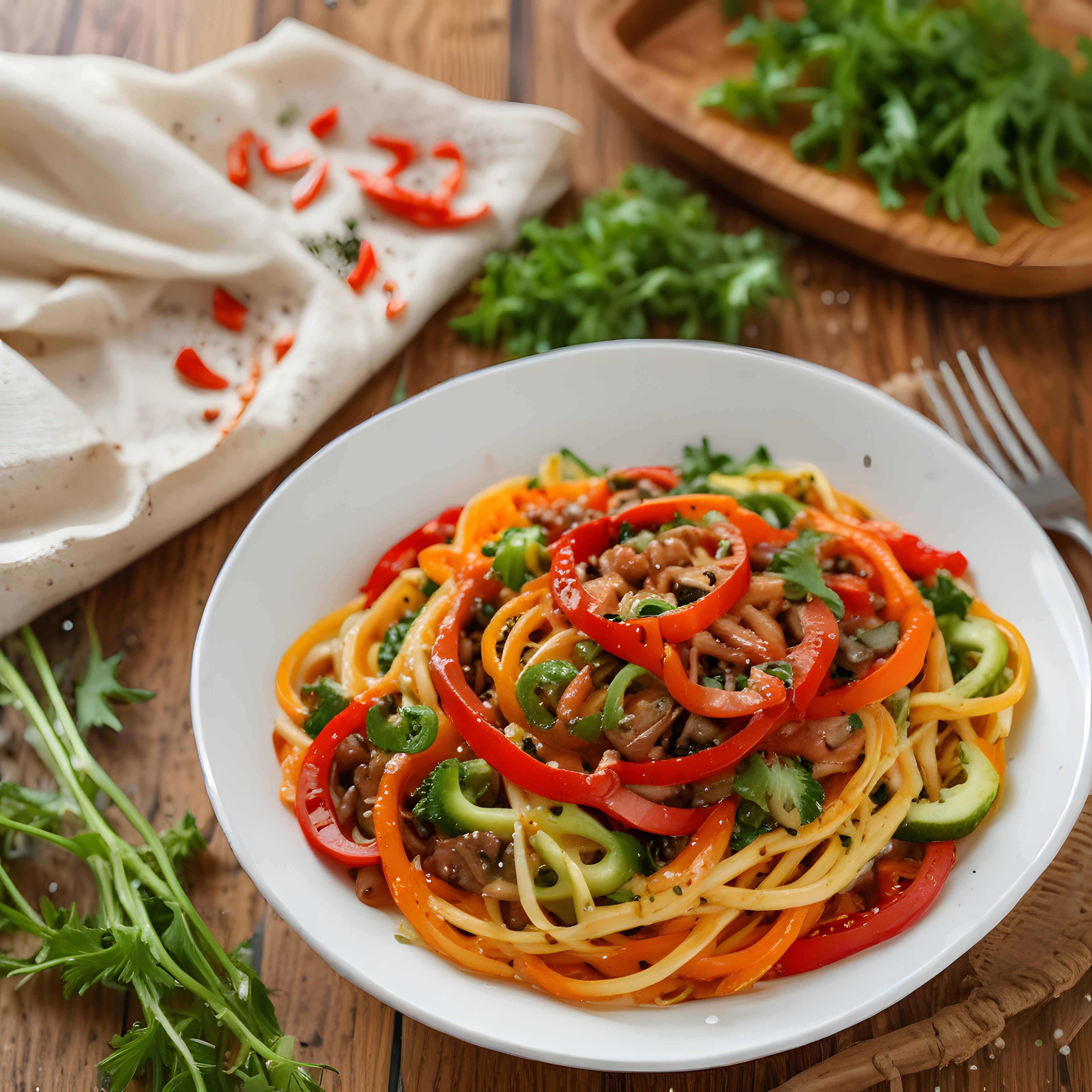 Renkli Sebzeli Mantarlı Asia Usulü Noodle Makarna Rustik Sunum