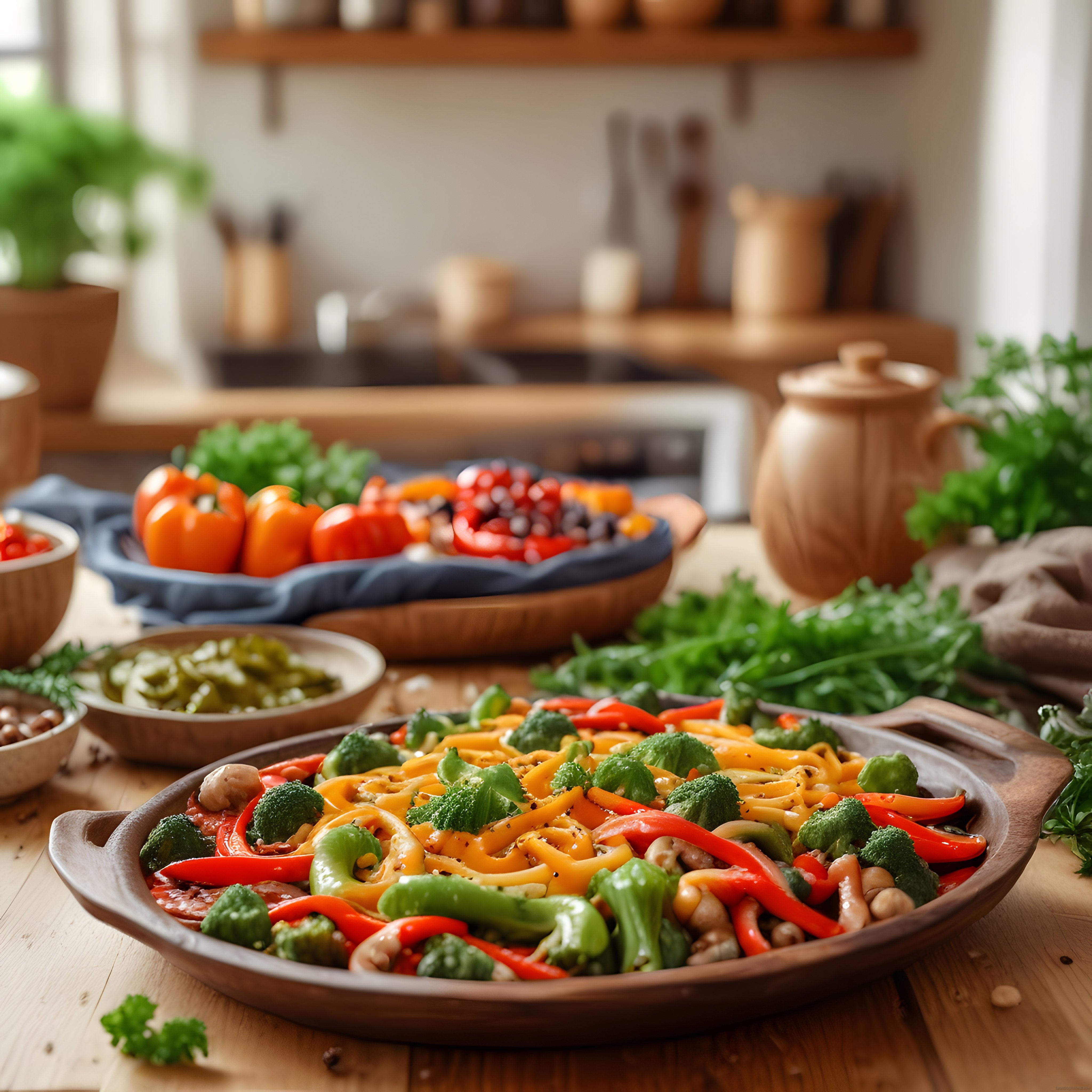 Renkli Sebzeli Noodle ve Taze Sebzelerle Rustik Bir Mutfak Sunumu