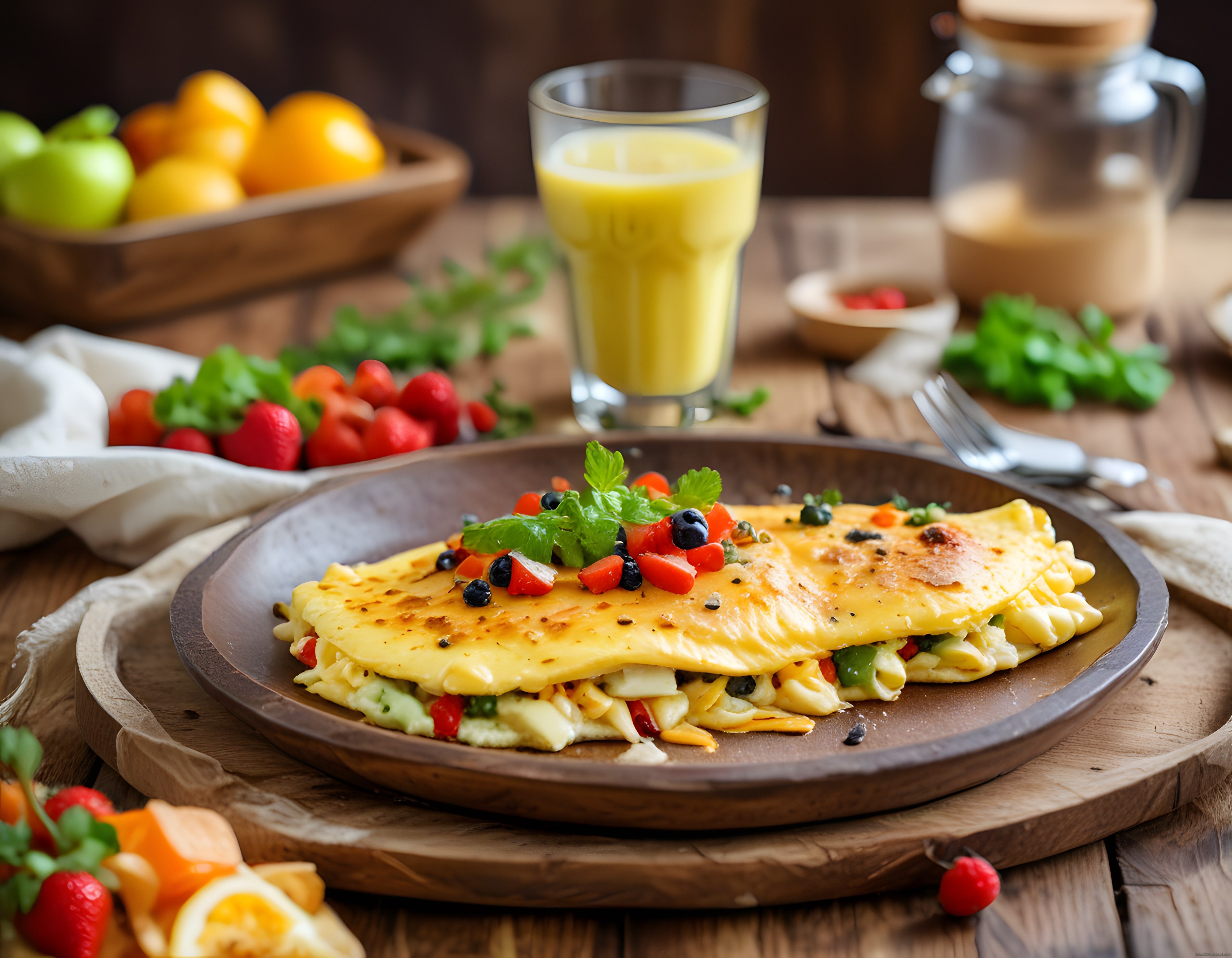 Renkli Sebzeli Peynirli Omlet ve Portakal Suyuyla Dolu Kahvaltı Keyfi